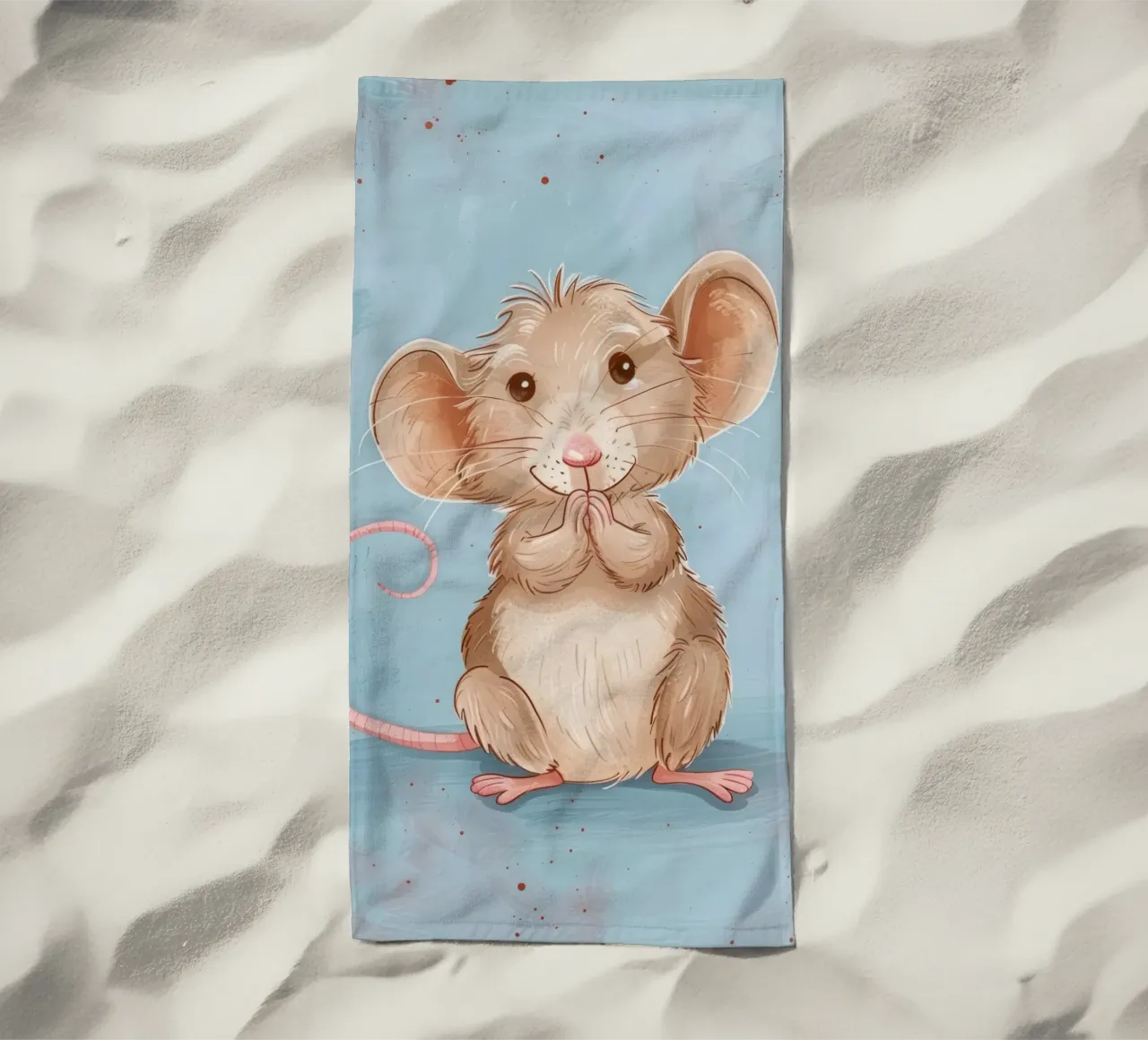 Un simpatico topo marrone con grandi orecchie siede con le zampe unite telo mare da DesignDoodle