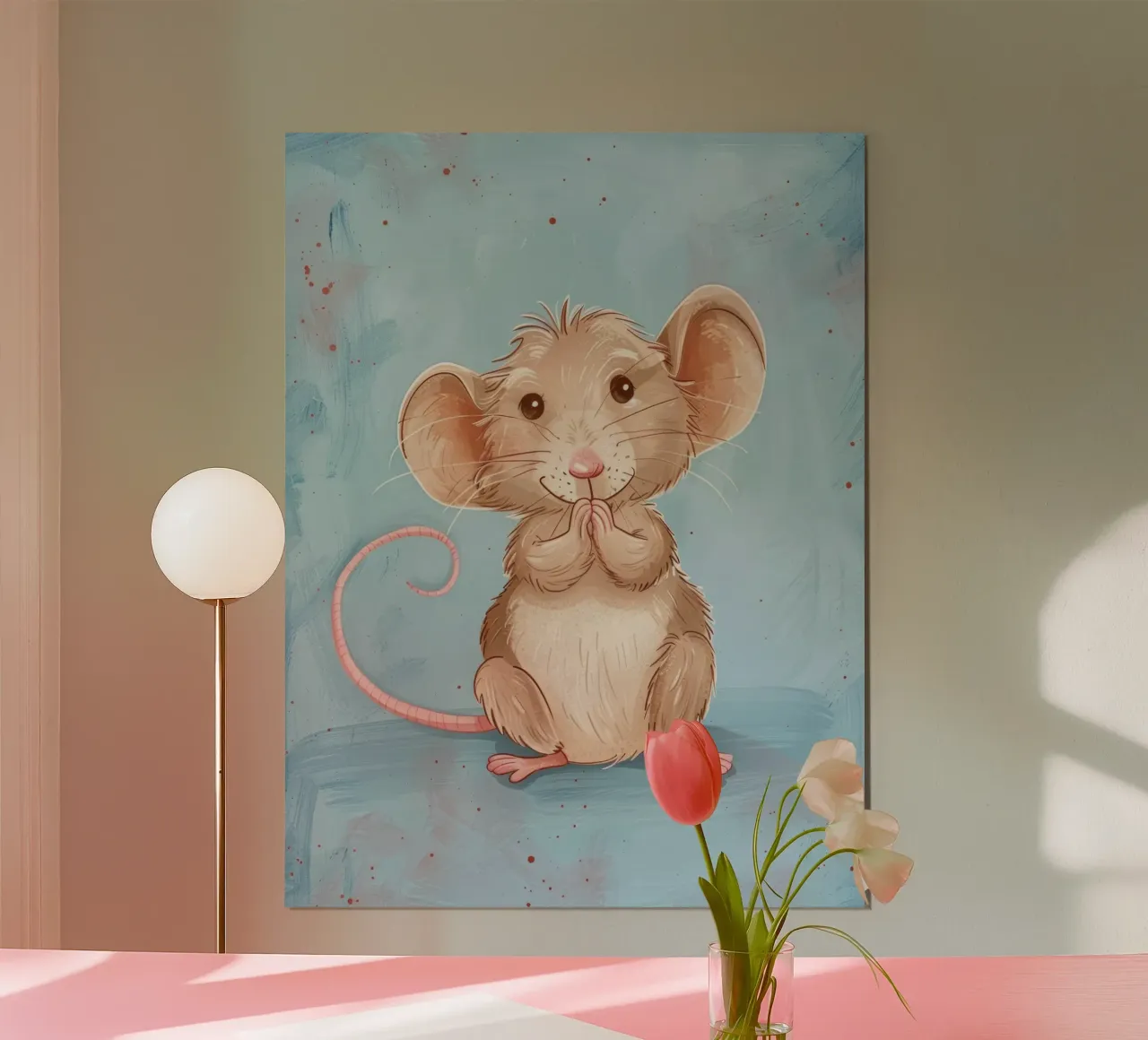 Un simpatico topo marrone con grandi orecchie siede con le zampe unite carta hahnemühle da DesignDoodle
