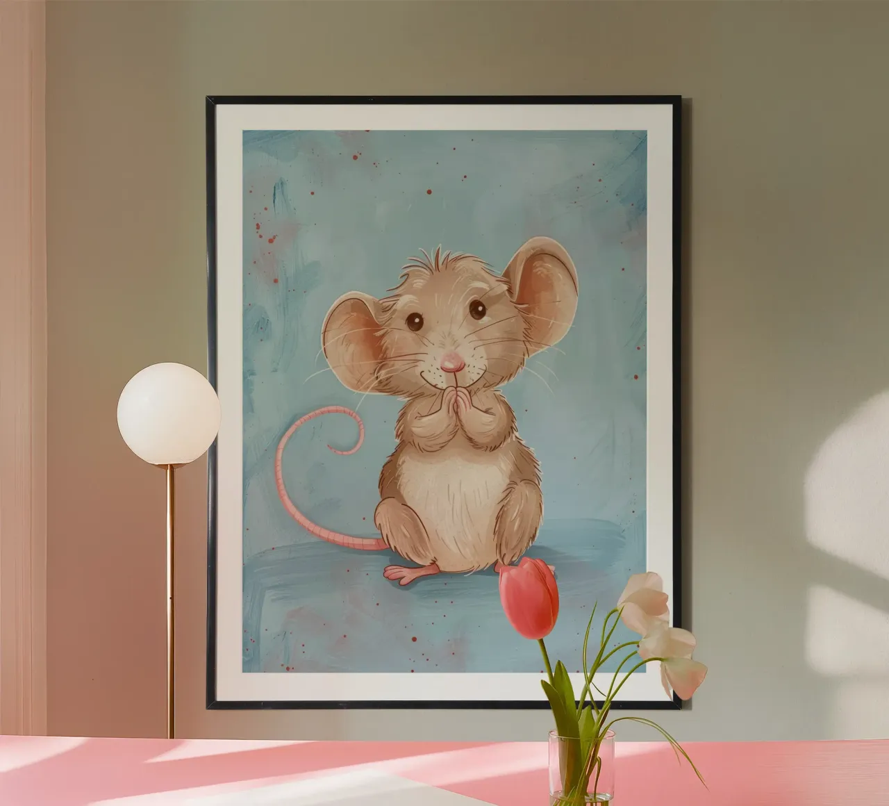 Un simpatico topo marrone con grandi orecchie siede con le zampe unite carta hahnemühle da DesignDoodle
