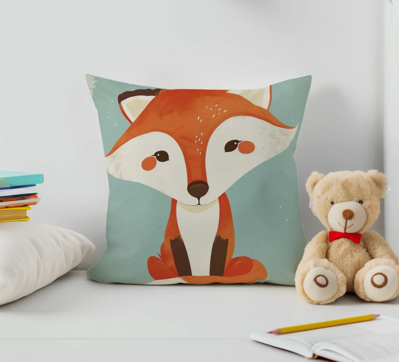 Charming fox with playful features and a soft background decorative cushion by DesignDoodle