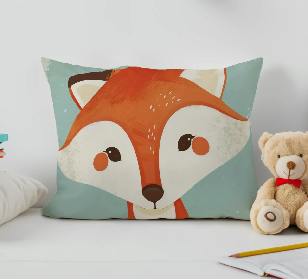 Charming fox with playful features and a soft background decorative cushion by DesignDoodle