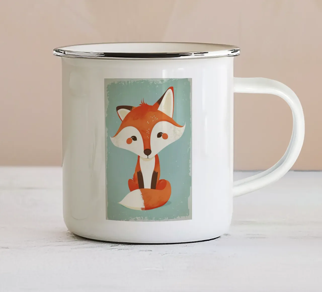 Charming fox with playful features and a soft background enamel mug by DesignDoodle