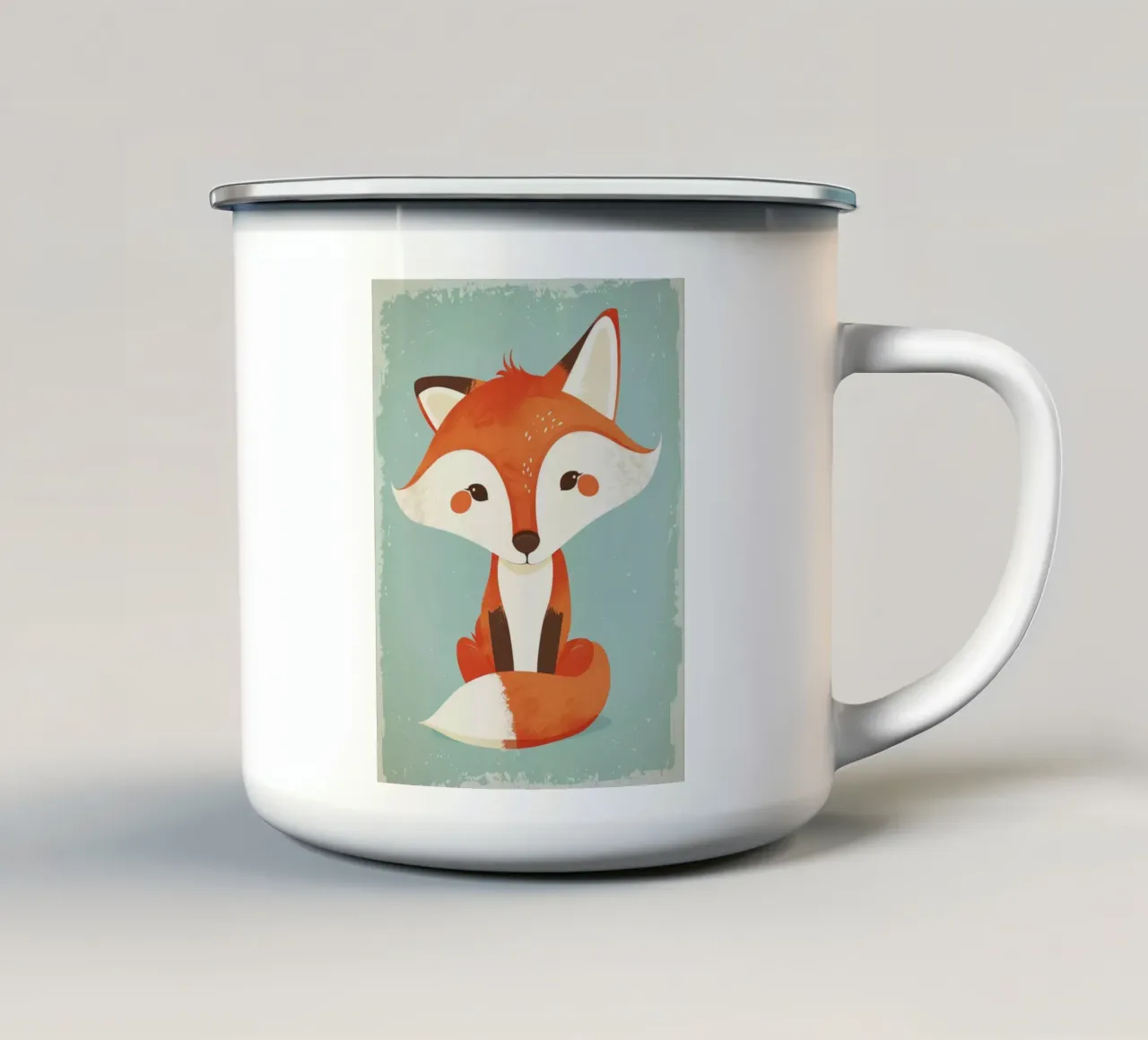 Charming fox with playful features and a soft background enamel mug by DesignDoodle