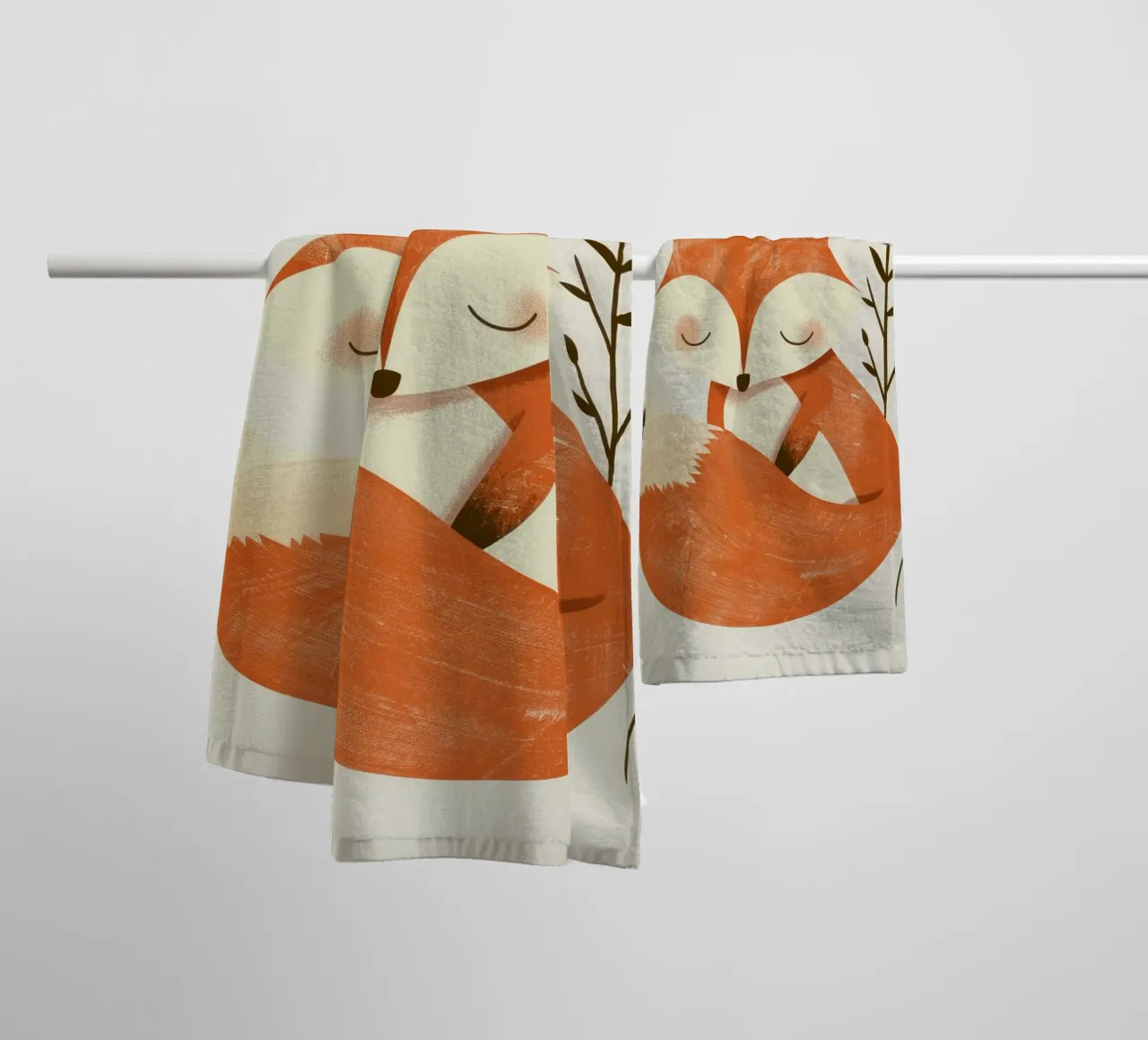 Cute fox relaxing amidst plants under a subtle sun towel by DesignDoodle