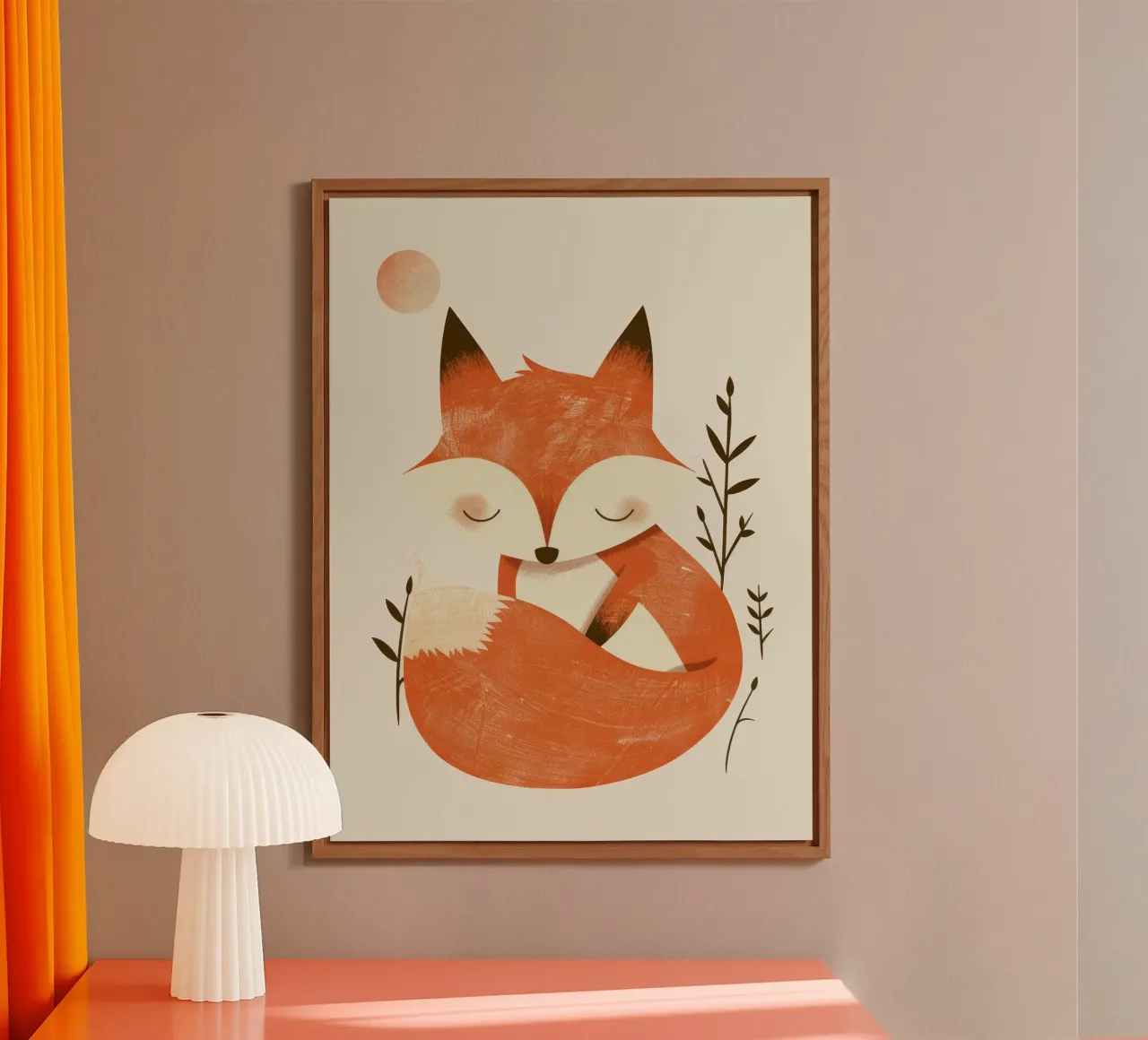 Cute fox relaxing amidst plants under a subtle sun alu-dibond by DesignDoodle