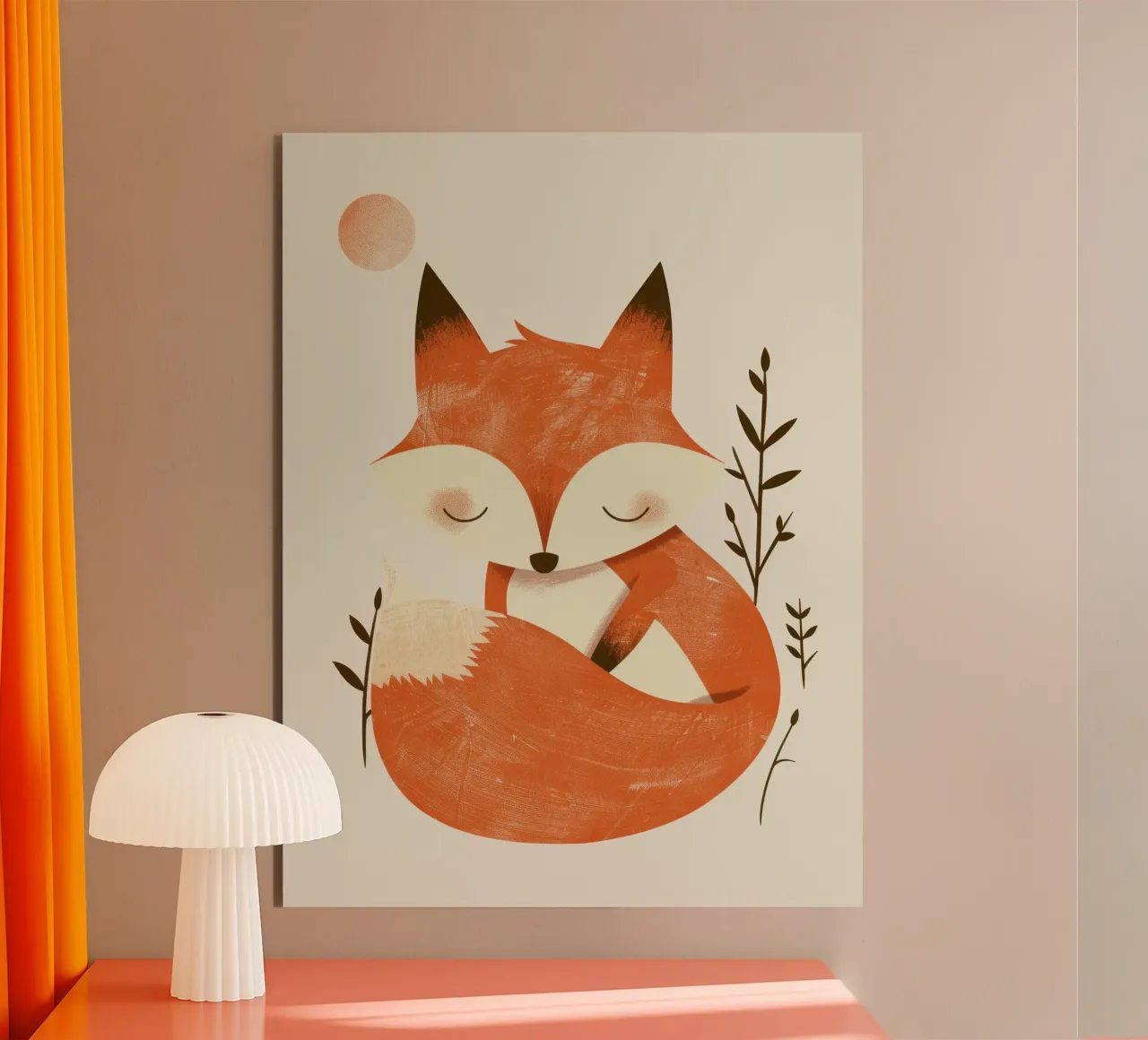 Cute fox relaxing amidst plants under a subtle sun alu-dibond by DesignDoodle