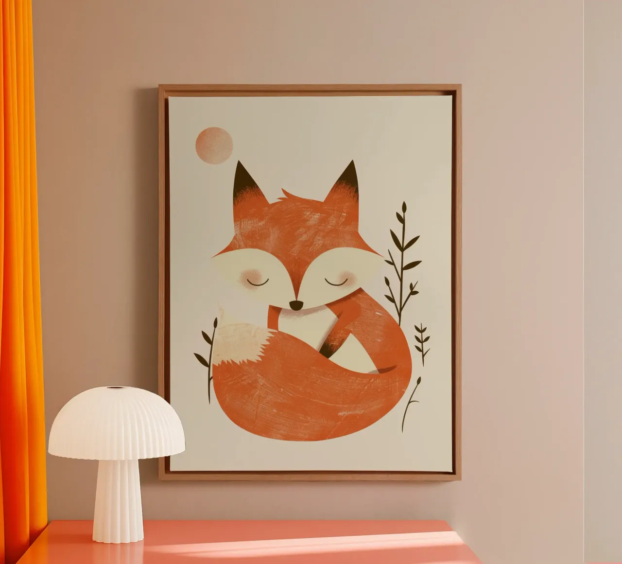 Cute fox relaxing amidst plants under a subtle sun canvas with Floater frame by DesignDoodle