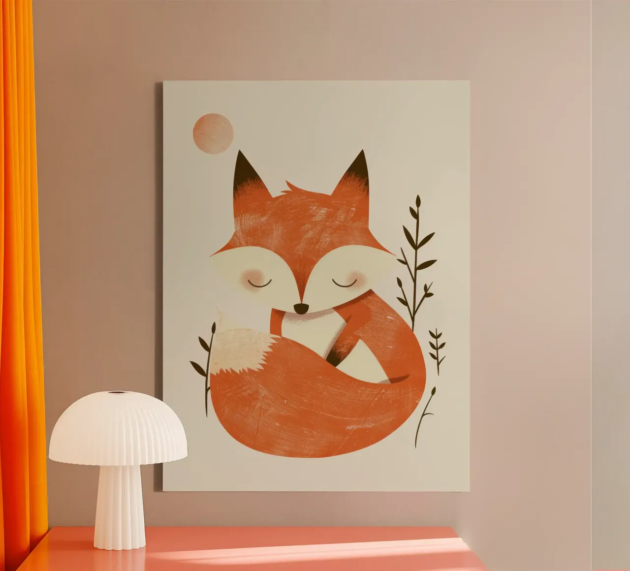 Cute fox relaxing amidst plants under a subtle sun canvas with Floater frame by DesignDoodle