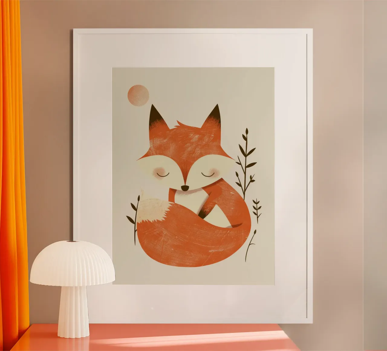 Cute fox relaxing amidst plants under a subtle sun poster by DesignDoodle