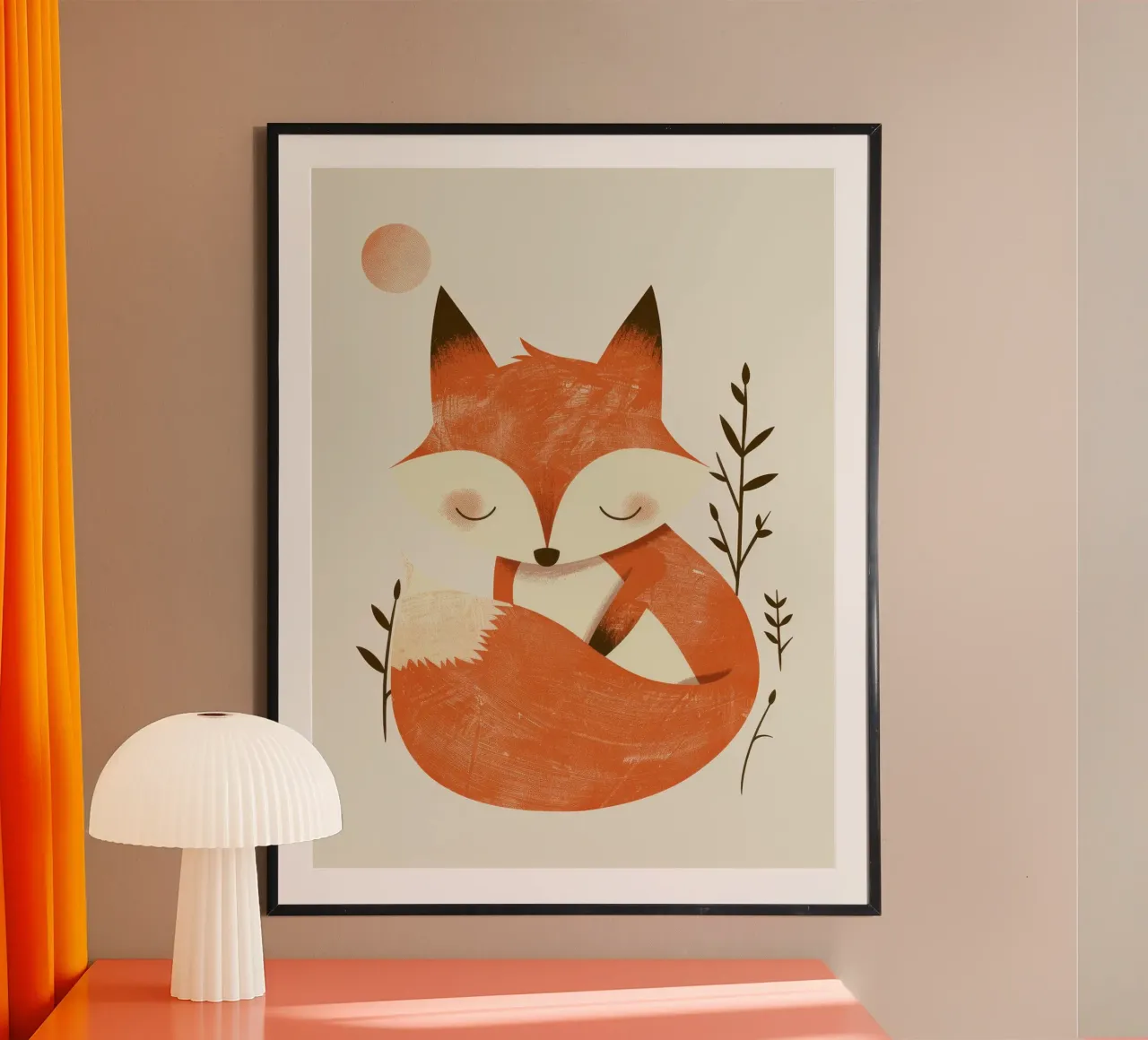 Cute fox relaxing amidst plants under a subtle sun poster by DesignDoodle