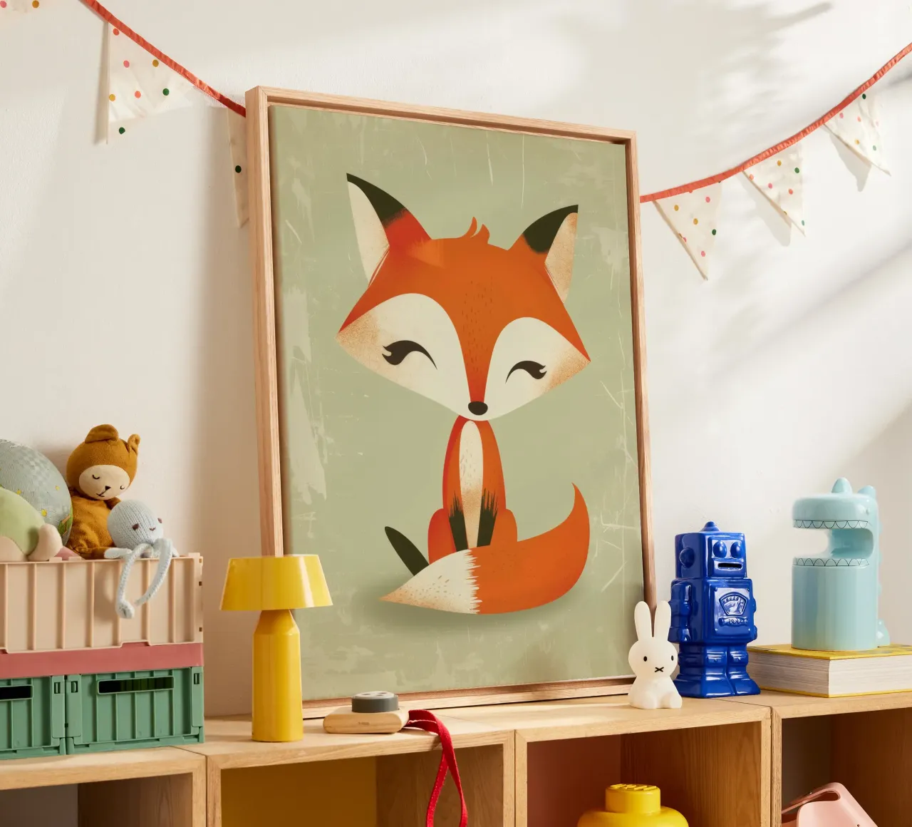 Cute fox with big eyes sitting on a light background canvas with Floater frame by DesignDoodle