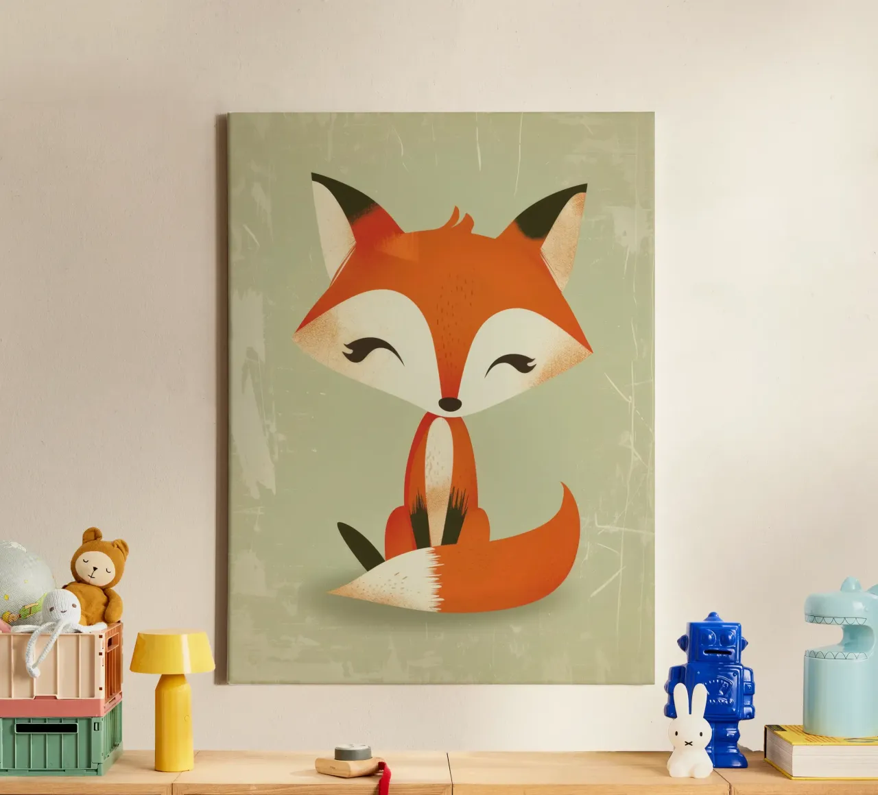 Cute fox with big eyes sitting on a light background canvas with Floater frame by DesignDoodle