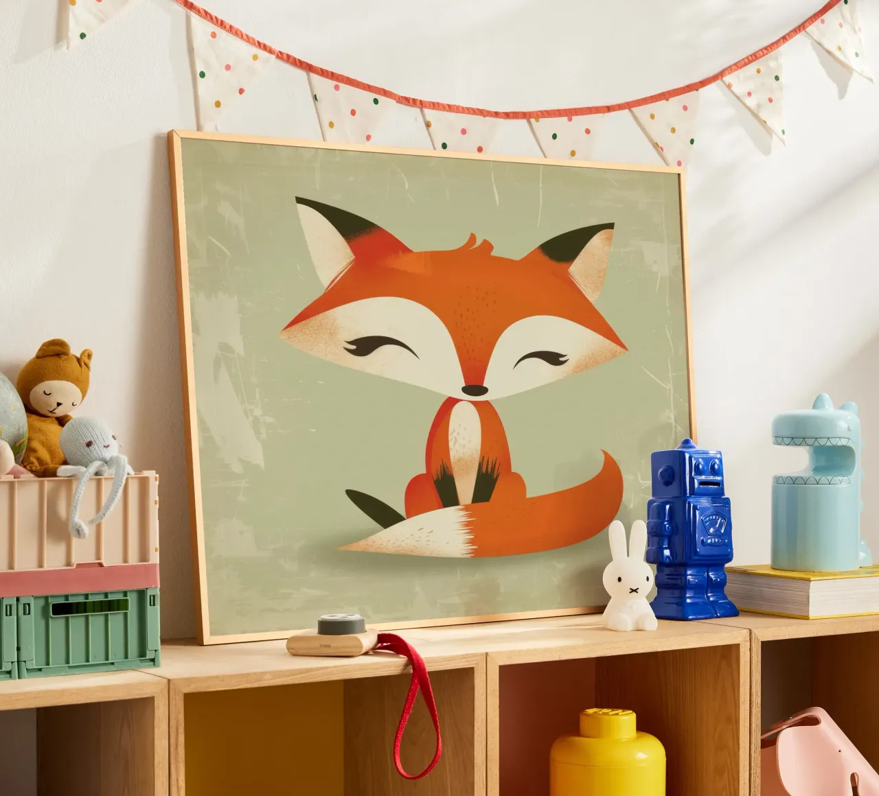 Renard mignon avec de grands yeux assis sur un fond clair hahnemühle de DesignDoodle