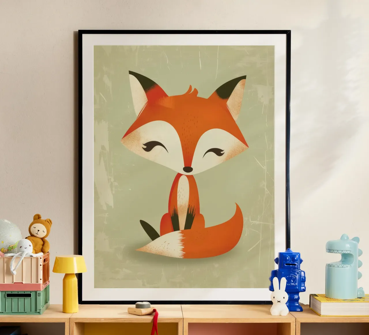 Renard mignon avec de grands yeux assis sur un fond clair hahnemühle de DesignDoodle