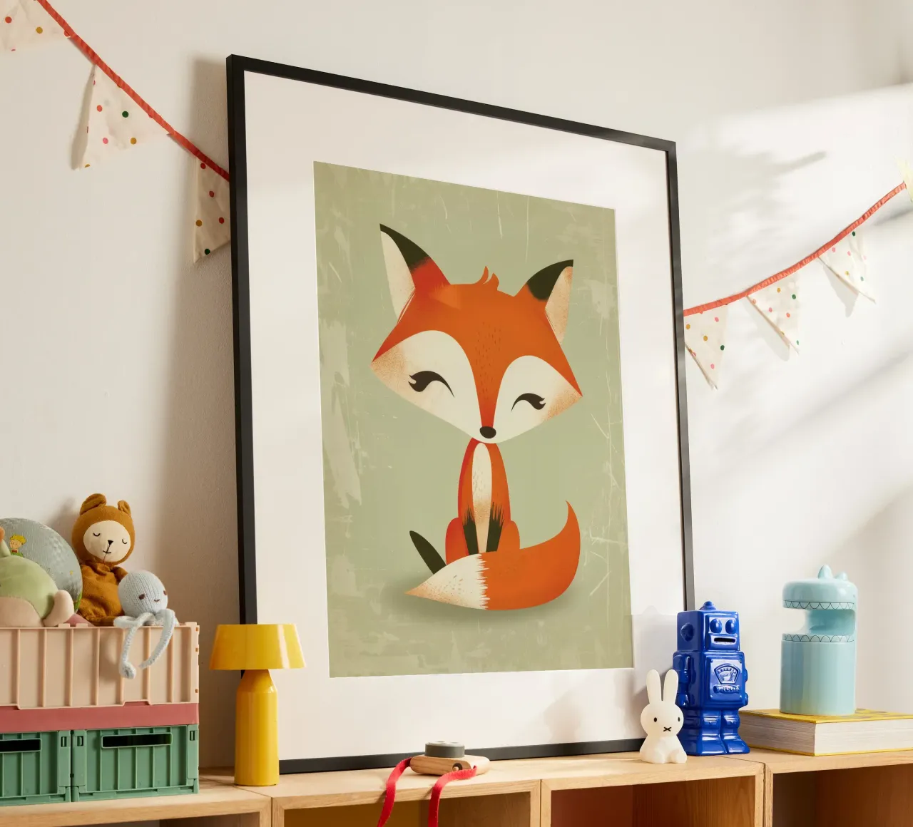 Renard mignon avec de grands yeux assis sur un fond clair hahnemühle de DesignDoodle