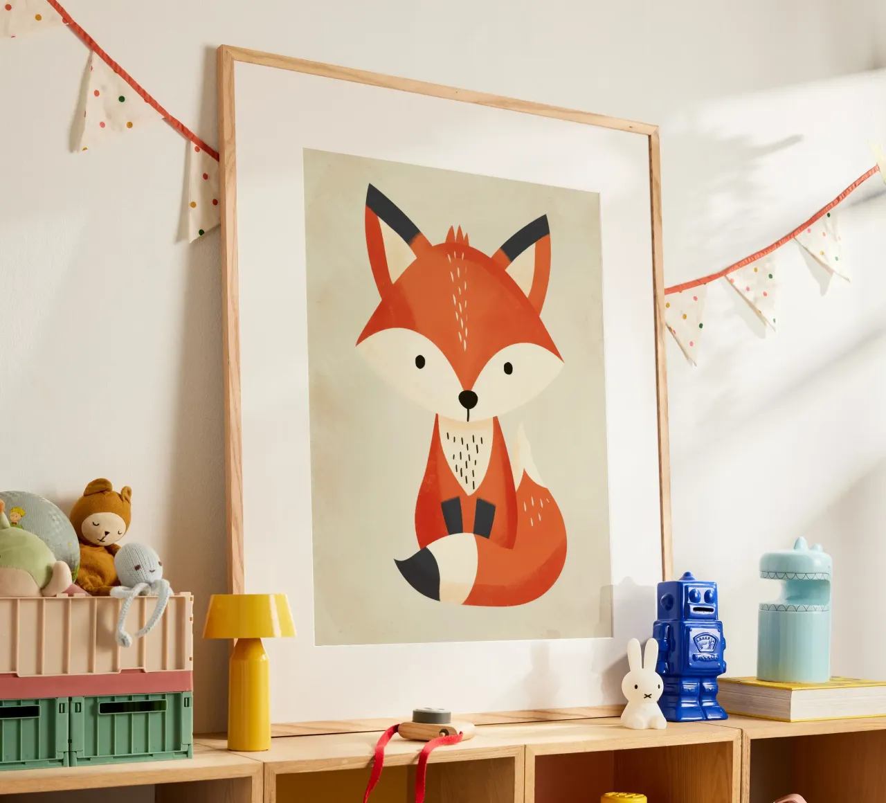 Simpática ilustración de un zorro sentado sobre un fondo claro hahnemühle de DesignDoodle