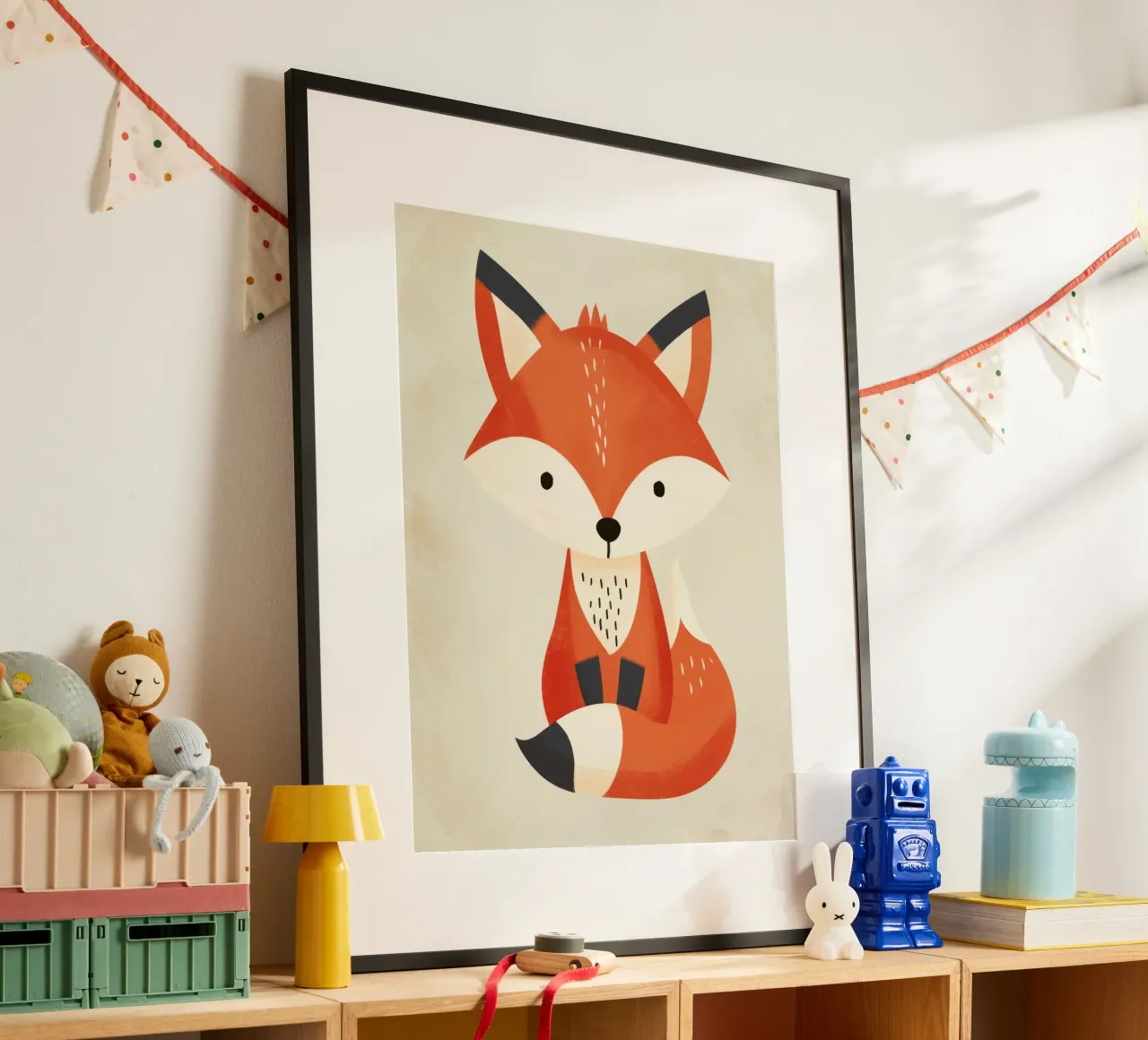 Simpática ilustración de un zorro sentado sobre un fondo claro hahnemühle de DesignDoodle