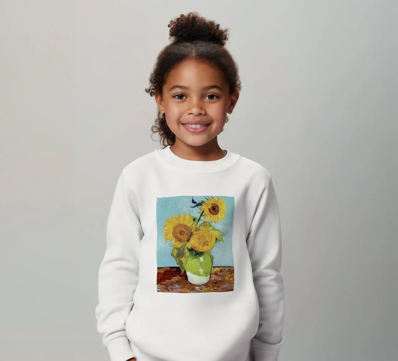 Vase with Three Sunflowers (1888) by Vincent van Gogh kids sweatshirt by Art History