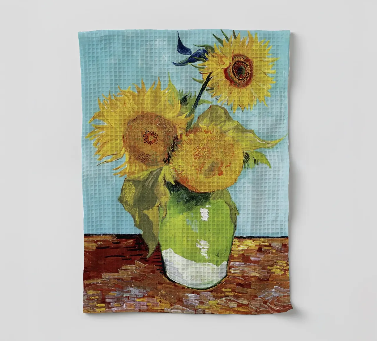 Vase with Three Sunflowers (1888) by Vincent van Gogh tea towel by Art History