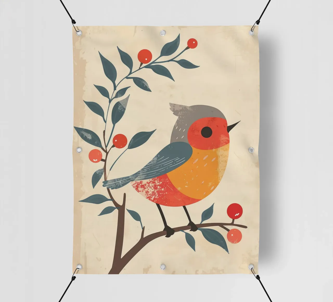 uccello appollaiato su ramo in stile artistico con bacche telo in pvc da DesignDoodle