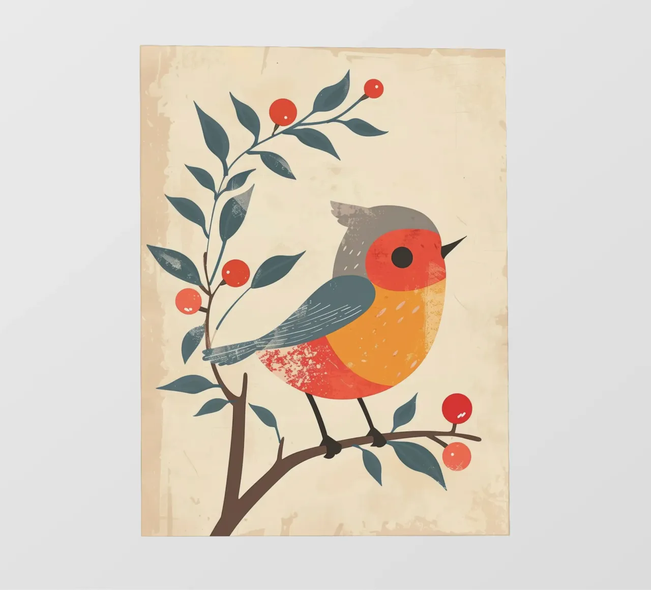 uccello appollaiato su ramo in stile artistico con bacche telo in pvc da DesignDoodle