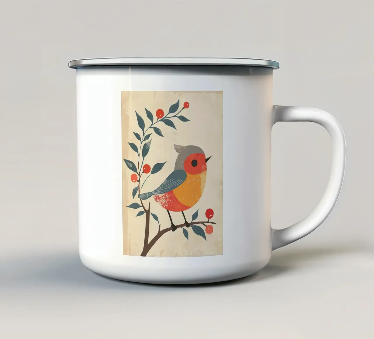 uccello appollaiato su ramo in stile artistico con bacche tazza in smalto da DesignDoodle