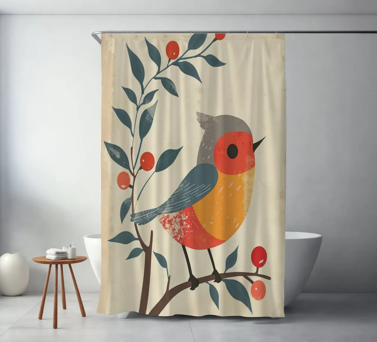 bird perched on branch in artistic style with berries shower curtain by DesignDoodle