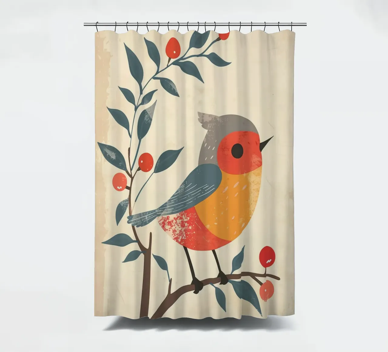 bird perched on branch in artistic style with berries shower curtain by DesignDoodle