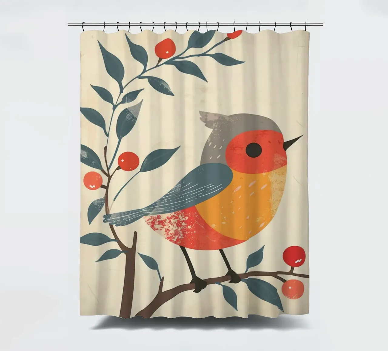 bird perched on branch in artistic style with berries shower curtain by DesignDoodle