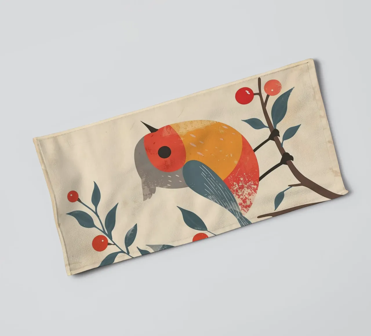 bird perched on branch in artistic style with berries towel by DesignDoodle