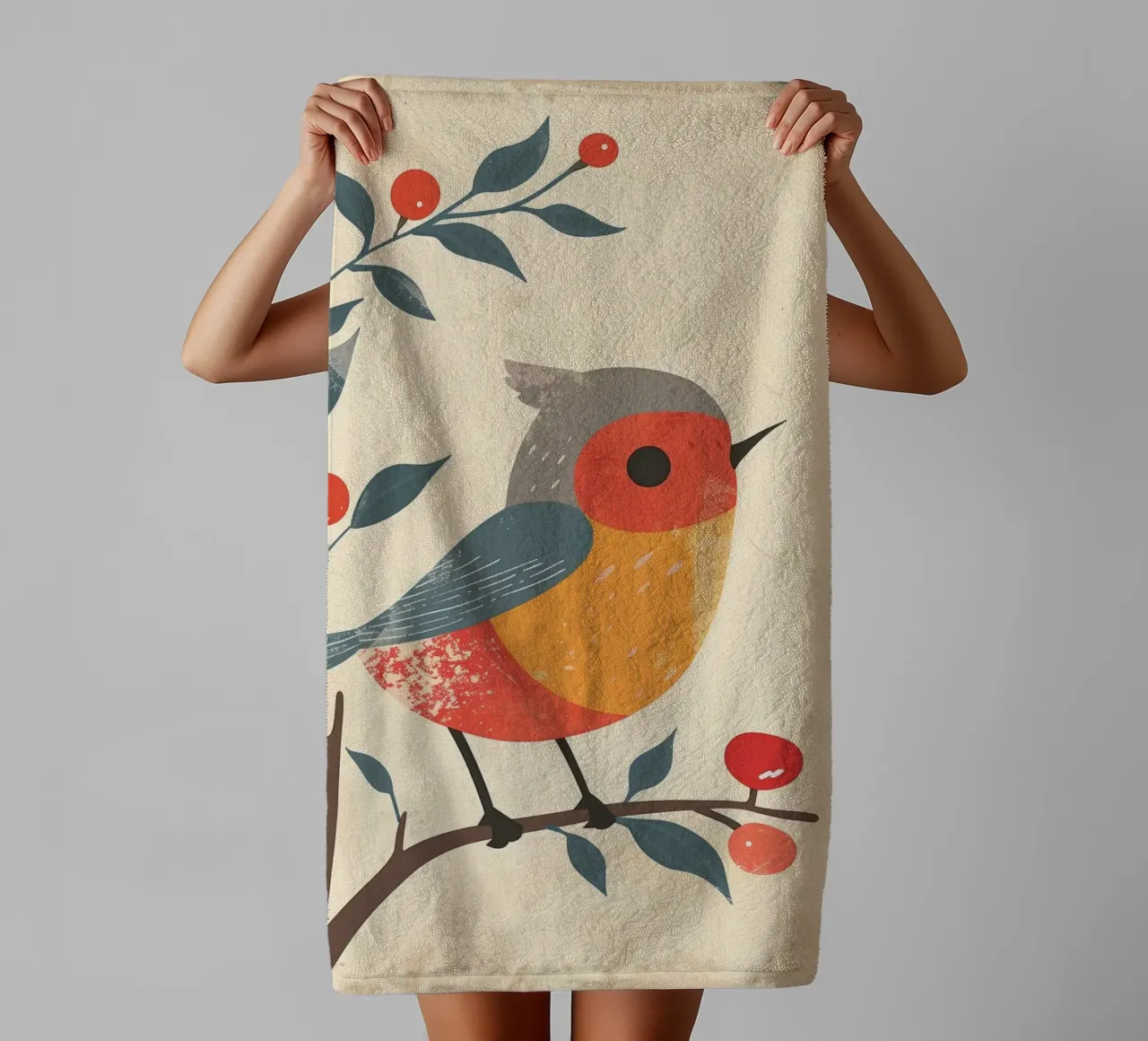 bird perched on branch in artistic style with berries towel by DesignDoodle
