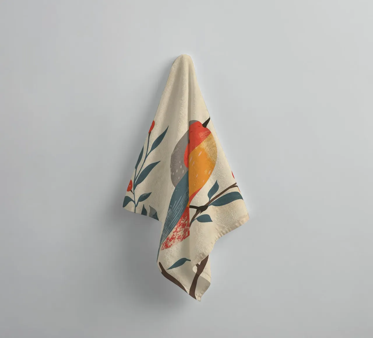 bird perched on branch in artistic style with berries towel by DesignDoodle