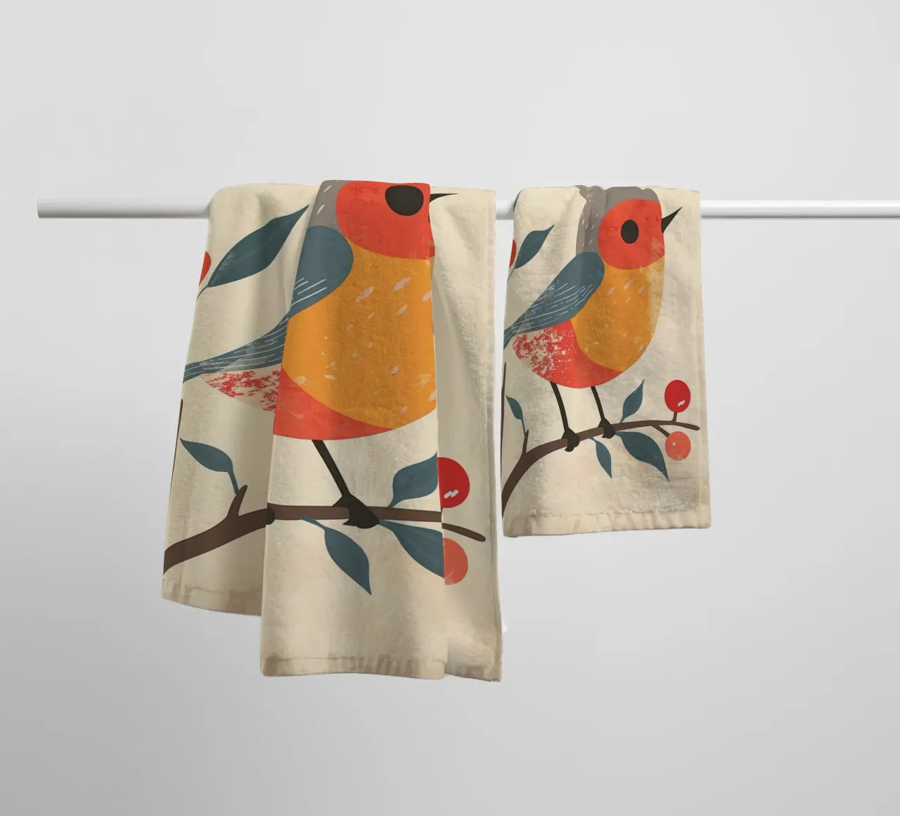 bird perched on branch in artistic style with berries towel by DesignDoodle