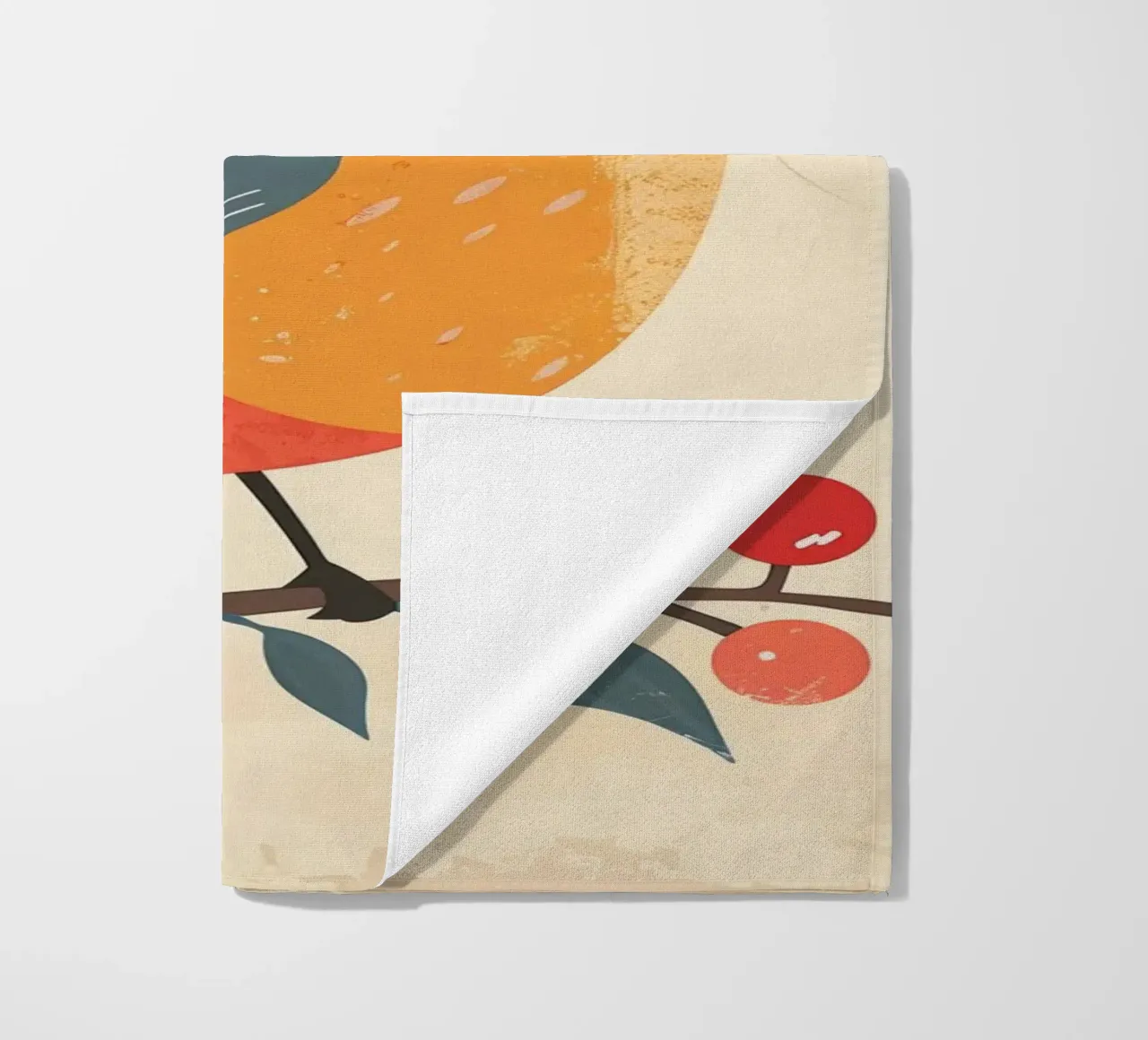 bird perched on branch in artistic style with berries beach towel by DesignDoodle