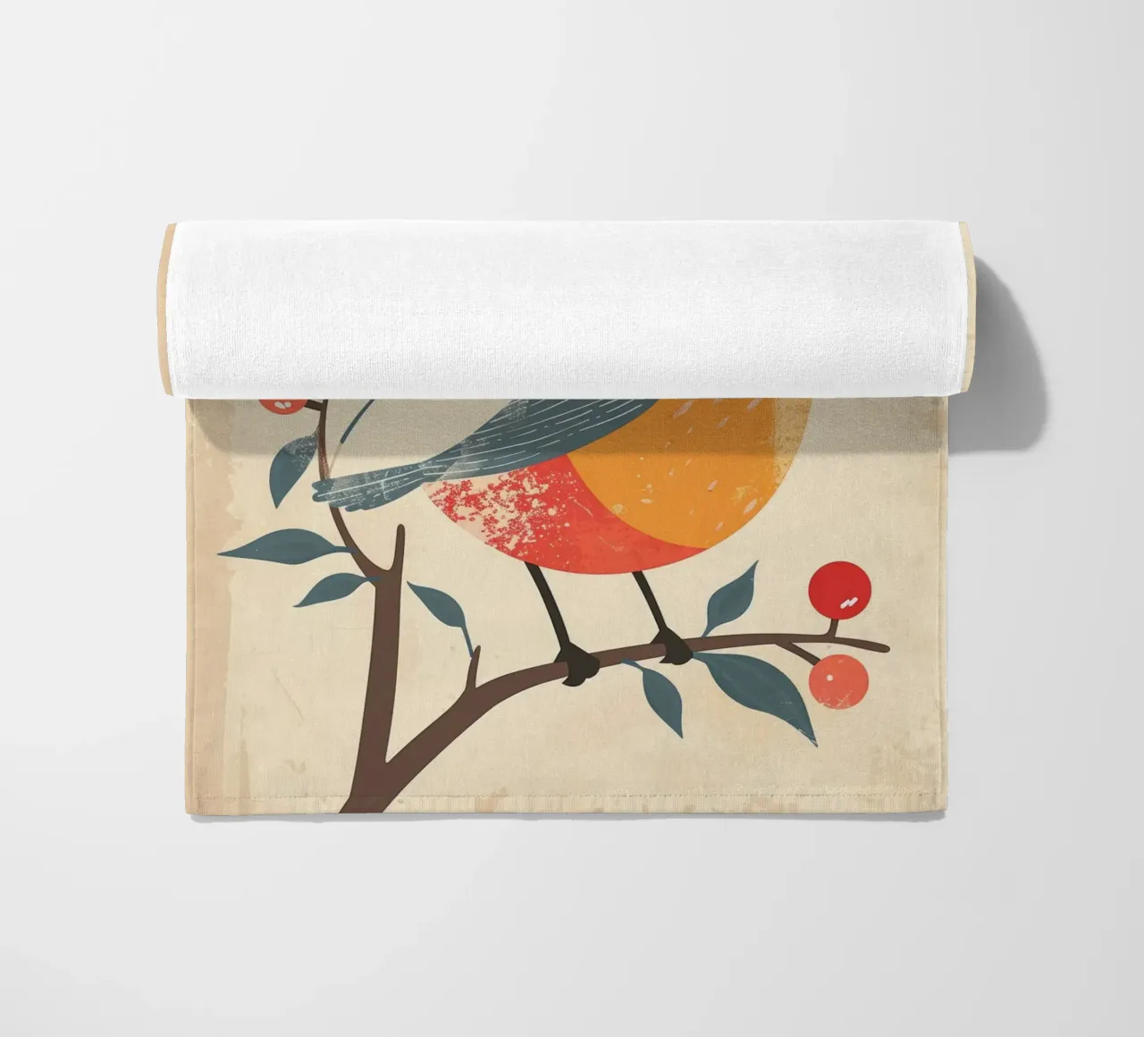 bird perched on branch in artistic style with berries beach towel by DesignDoodle
