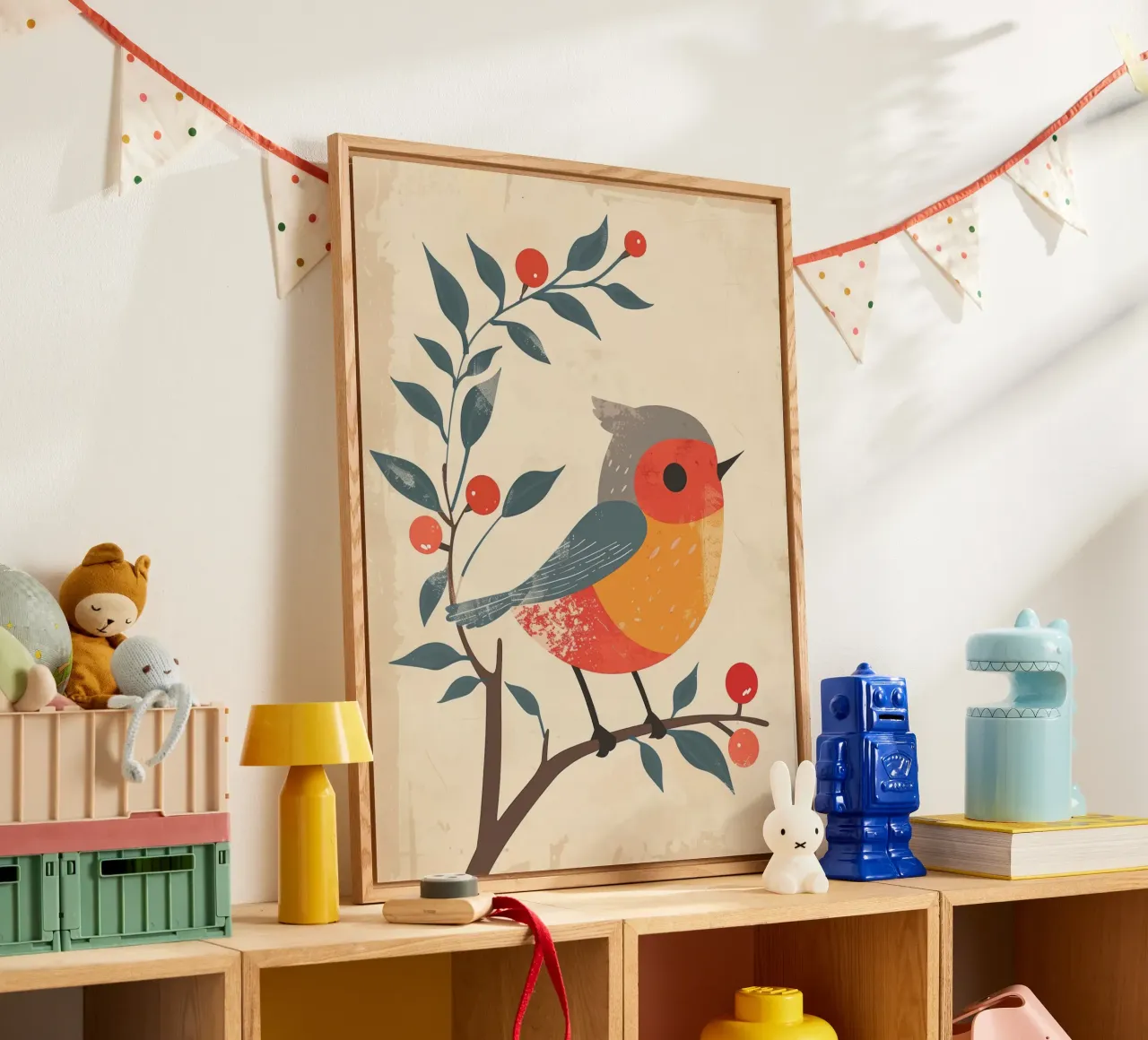 Vogel auf Zweig in künstlerischem Stil mit Beeren sitzend Acryl-Glas von DesignDoodle