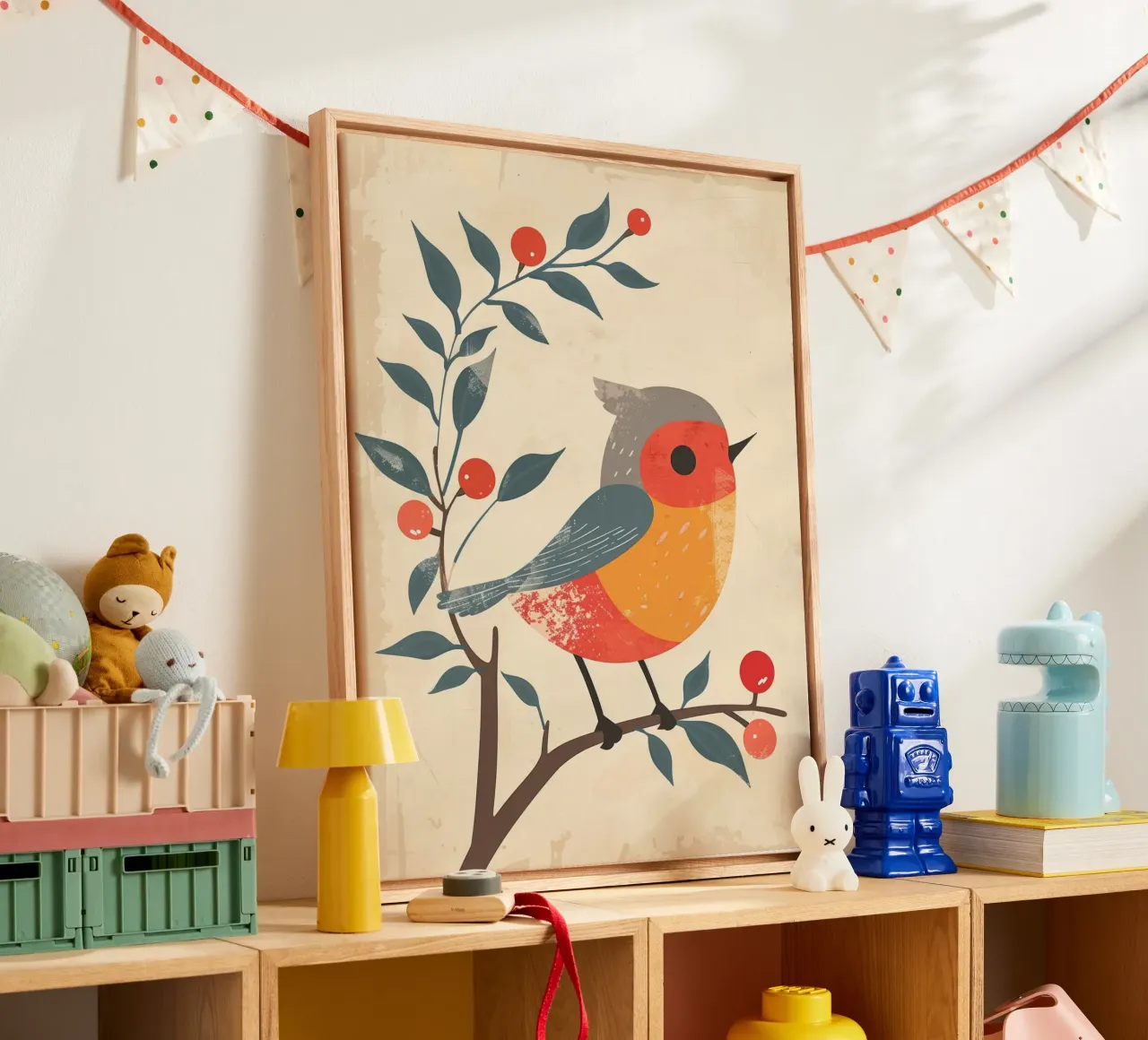 bird perched on branch in artistic style with berries canvas by DesignDoodle