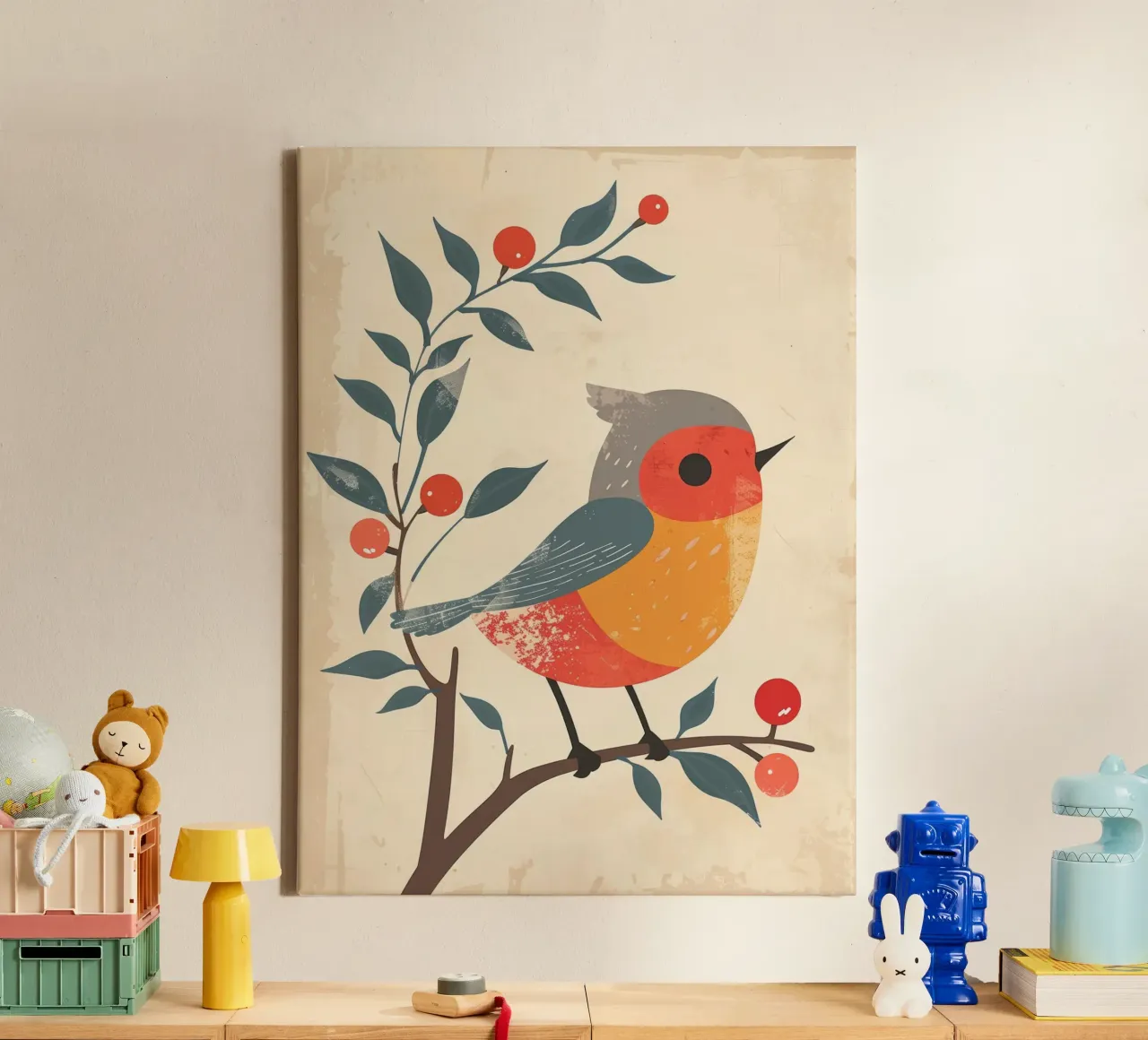 bird perched on branch in artistic style with berries canvas by DesignDoodle