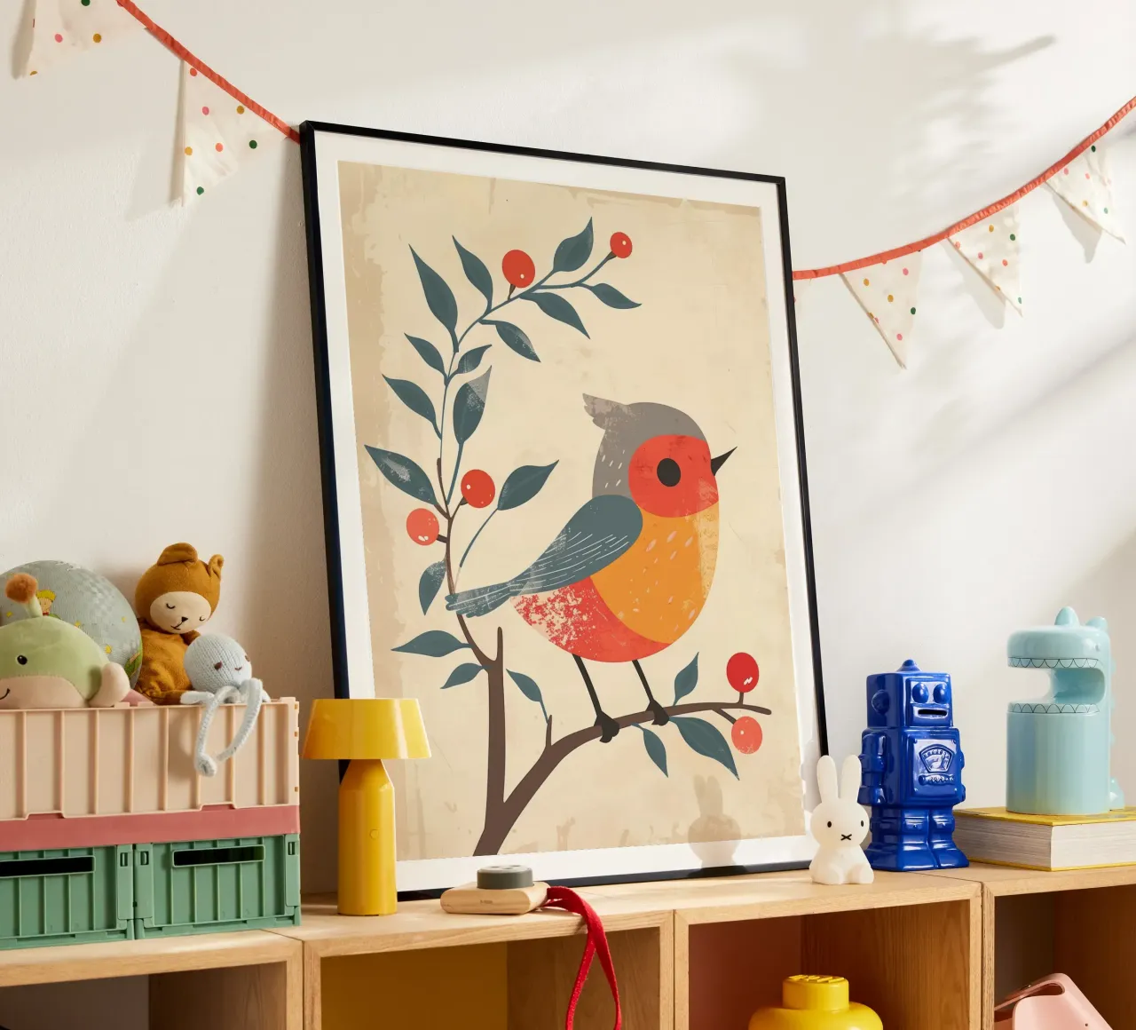 Vogel auf Zweig in künstlerischem Stil mit Beeren sitzend Poster mit Aluminium Rahmen von DesignDoodle