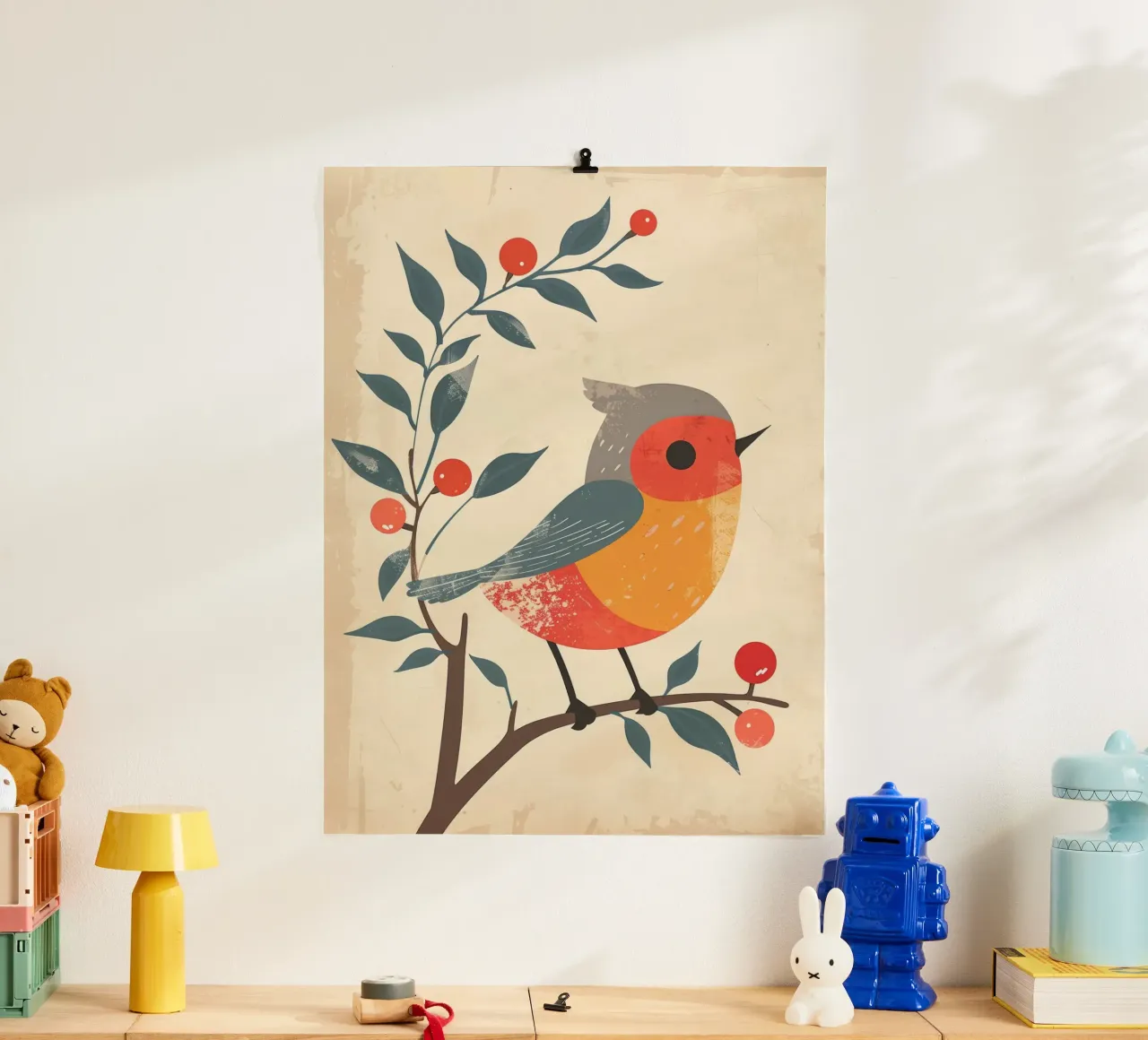 Vogel auf Zweig in künstlerischem Stil mit Beeren sitzend Poster mit Aluminium Rahmen von DesignDoodle