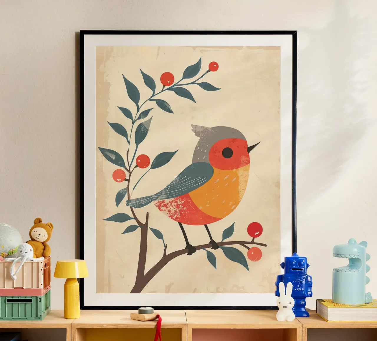 Vogel auf Zweig in künstlerischem Stil mit Beeren sitzend Poster mit Aluminium Rahmen von DesignDoodle