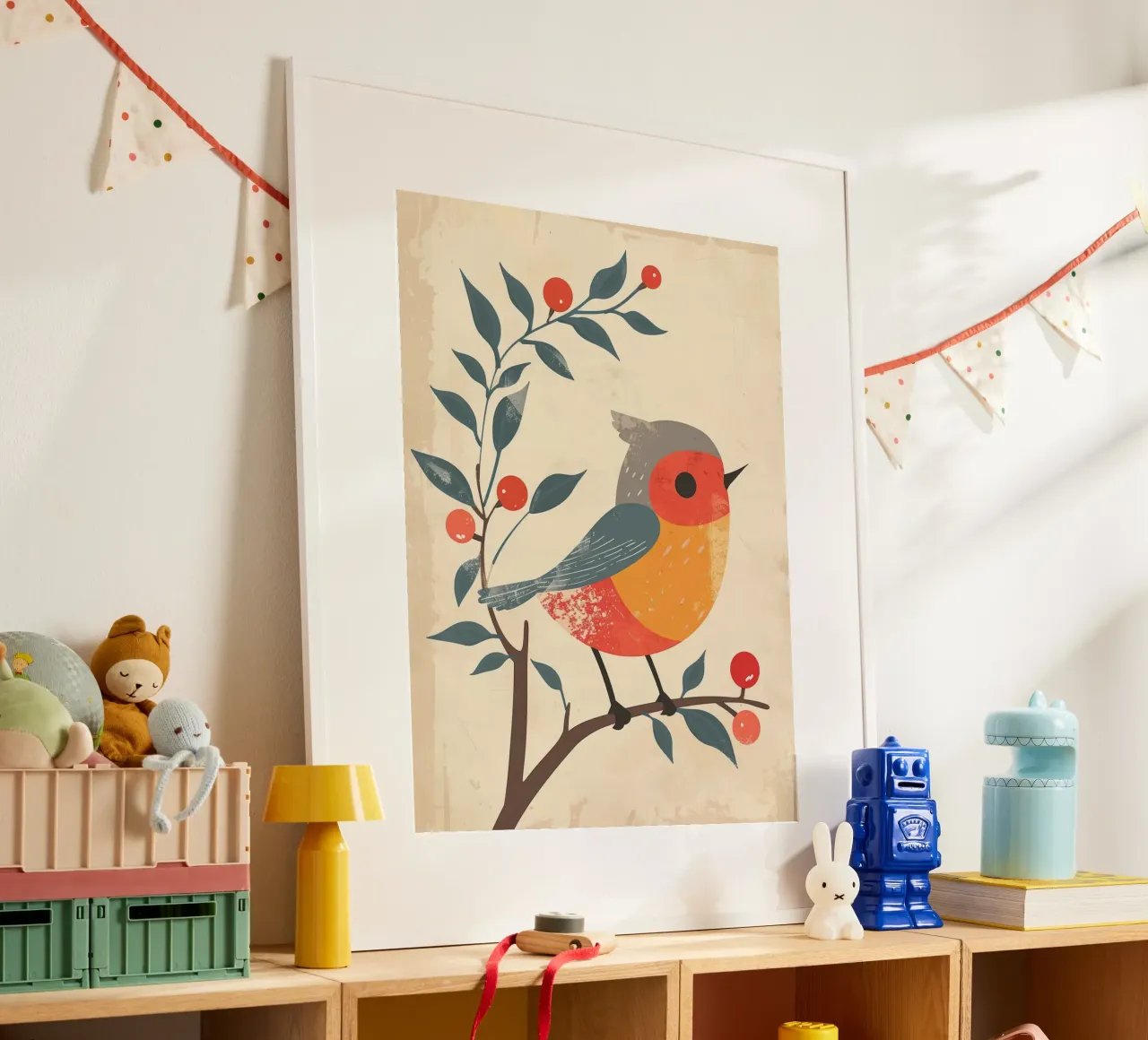 Vogel auf Zweig in künstlerischem Stil mit Beeren sitzend Poster mit Aluminium Rahmen von DesignDoodle