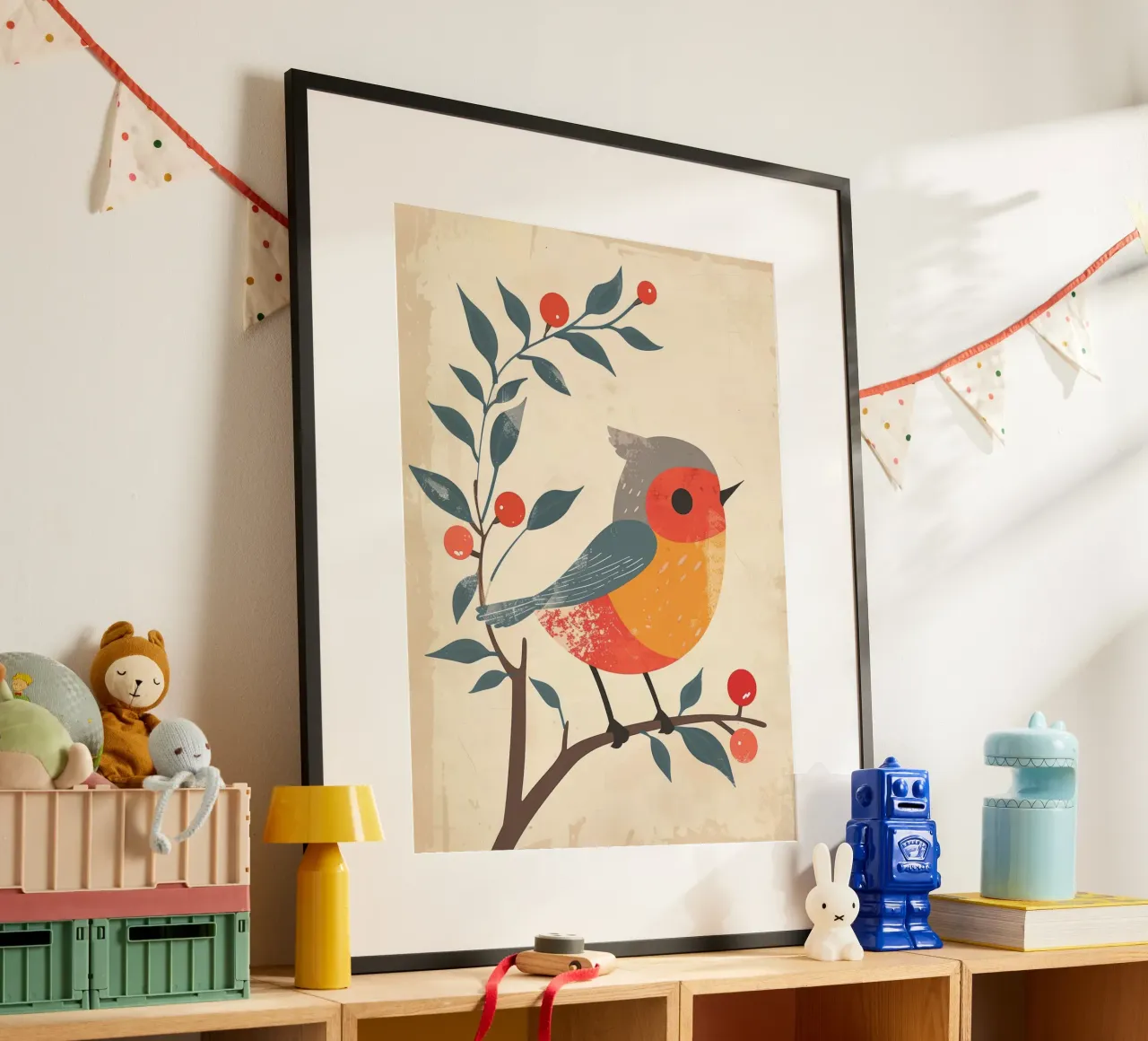 Vogel auf Zweig in künstlerischem Stil mit Beeren sitzend Poster mit Aluminium Rahmen von DesignDoodle