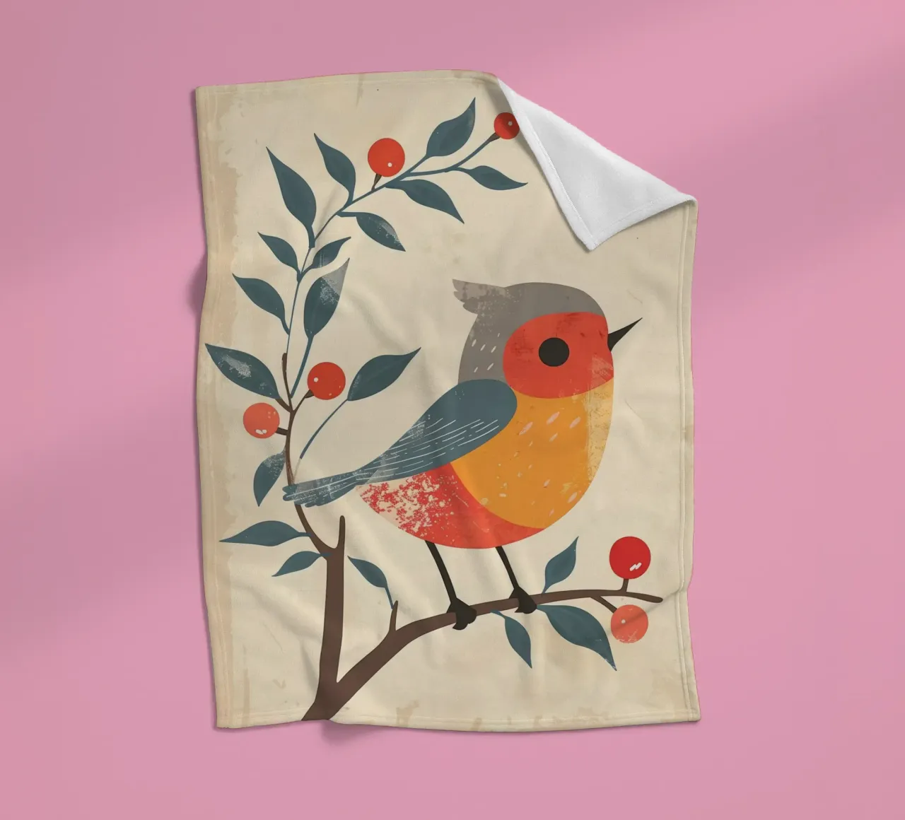 bird perched on branch in artistic style with berries fleece blanket by DesignDoodle