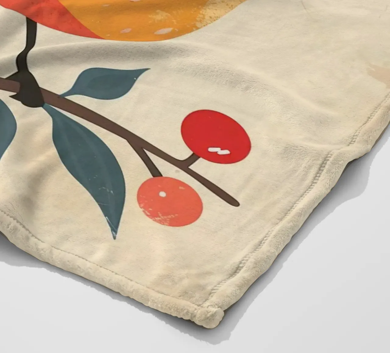 bird perched on branch in artistic style with berries fleece blanket by DesignDoodle