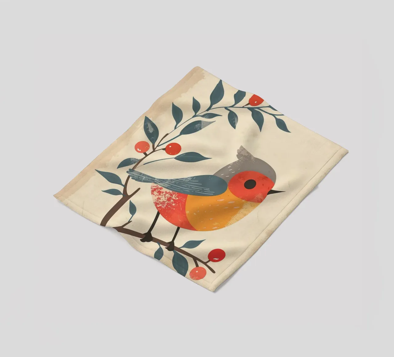 bird perched on branch in artistic style with berries fleece blanket by DesignDoodle