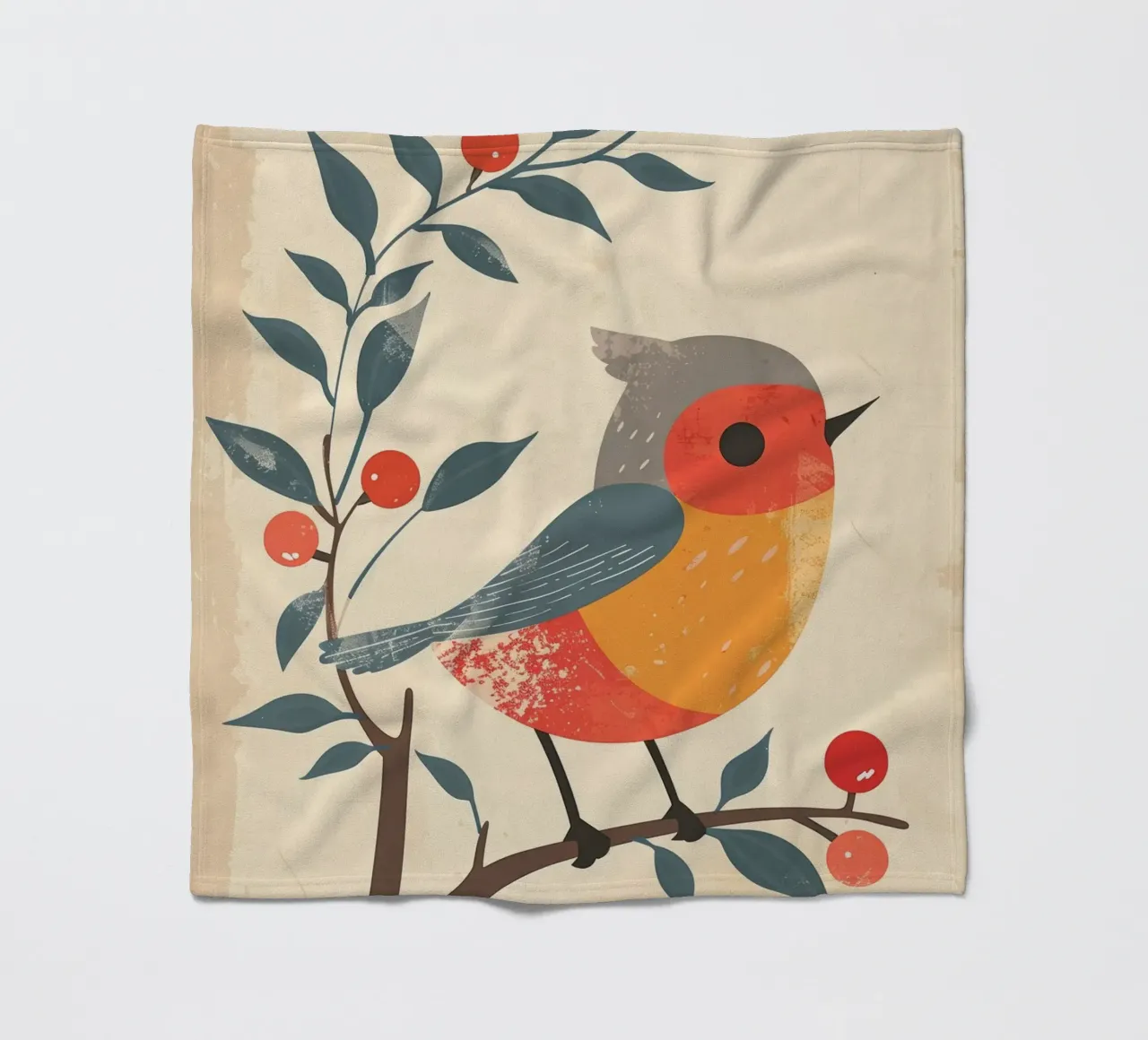 bird perched on branch in artistic style with berries fleece blanket by DesignDoodle
