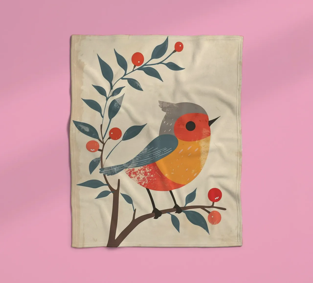 bird perched on branch in artistic style with berries fleece blanket by DesignDoodle