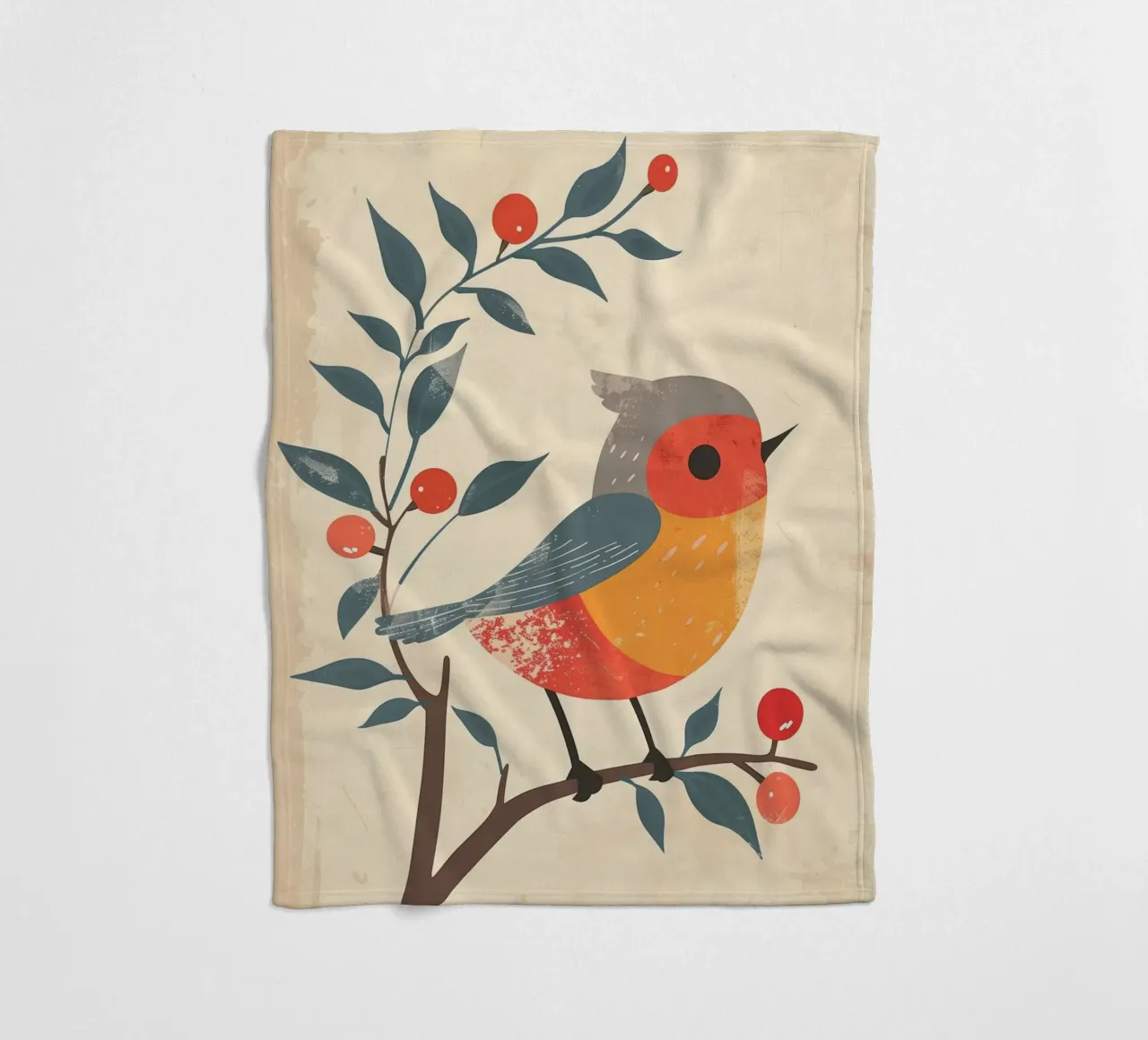 bird perched on branch in artistic style with berries fleece blanket by DesignDoodle