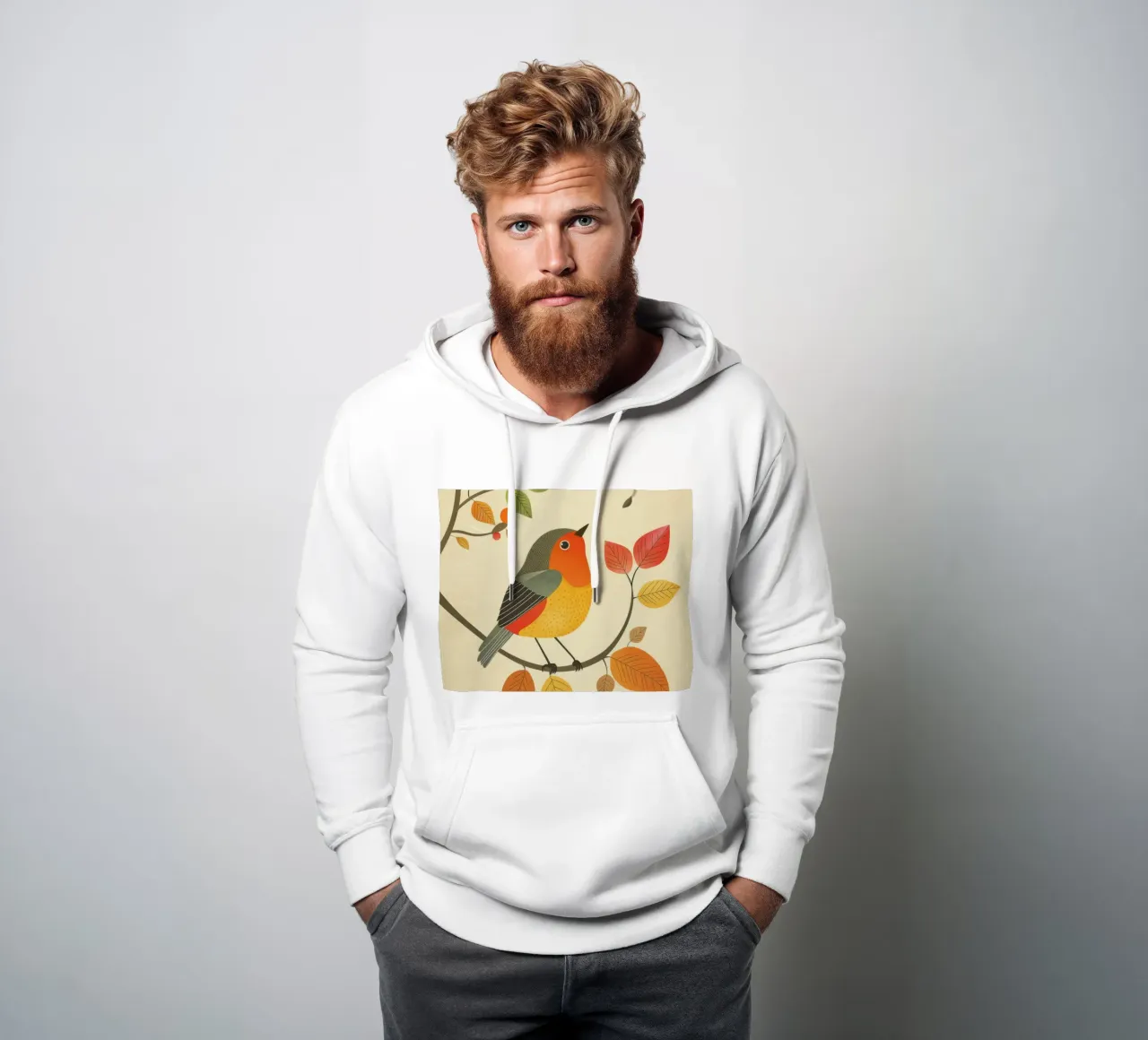 Vogel auf einem Ast, umgeben von warmen Herbstblättern Hoodie von DesignDoodle